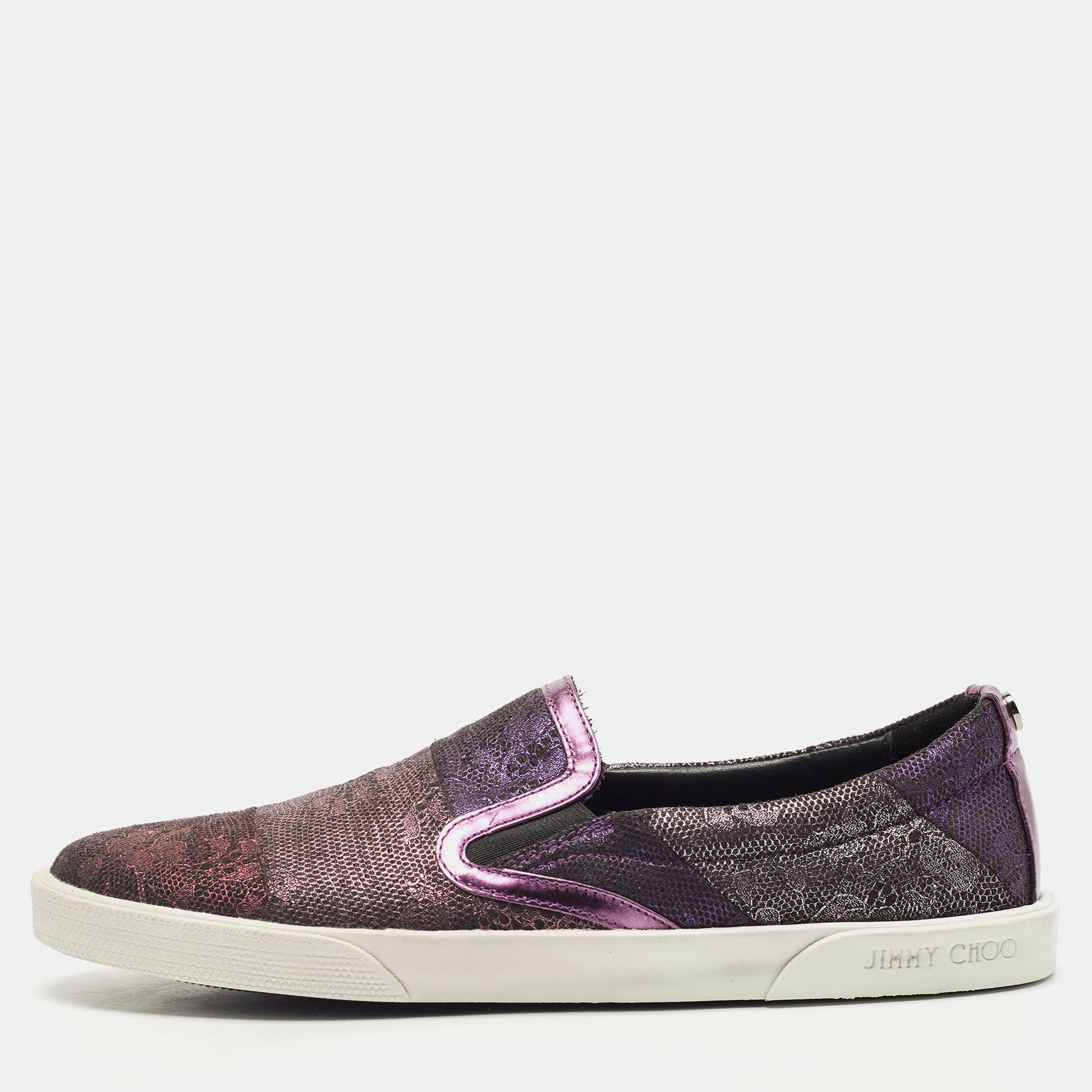Jimmy Choo Purple/Black Lace And Leather Demi Slip On Sneakers Size 35