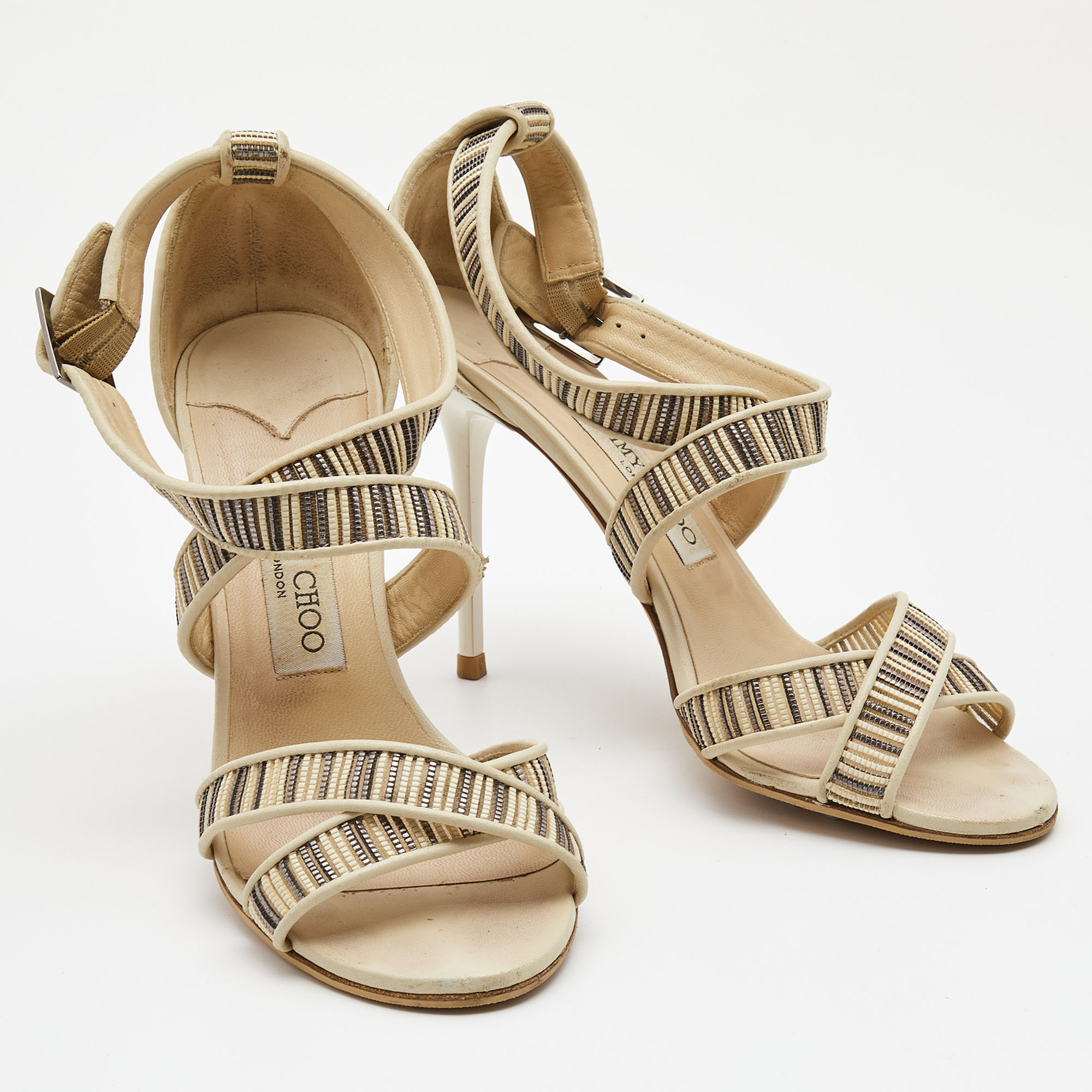 Jimmy Choo Cream/Black Leather Ankle Strap Sandals Size 38.5