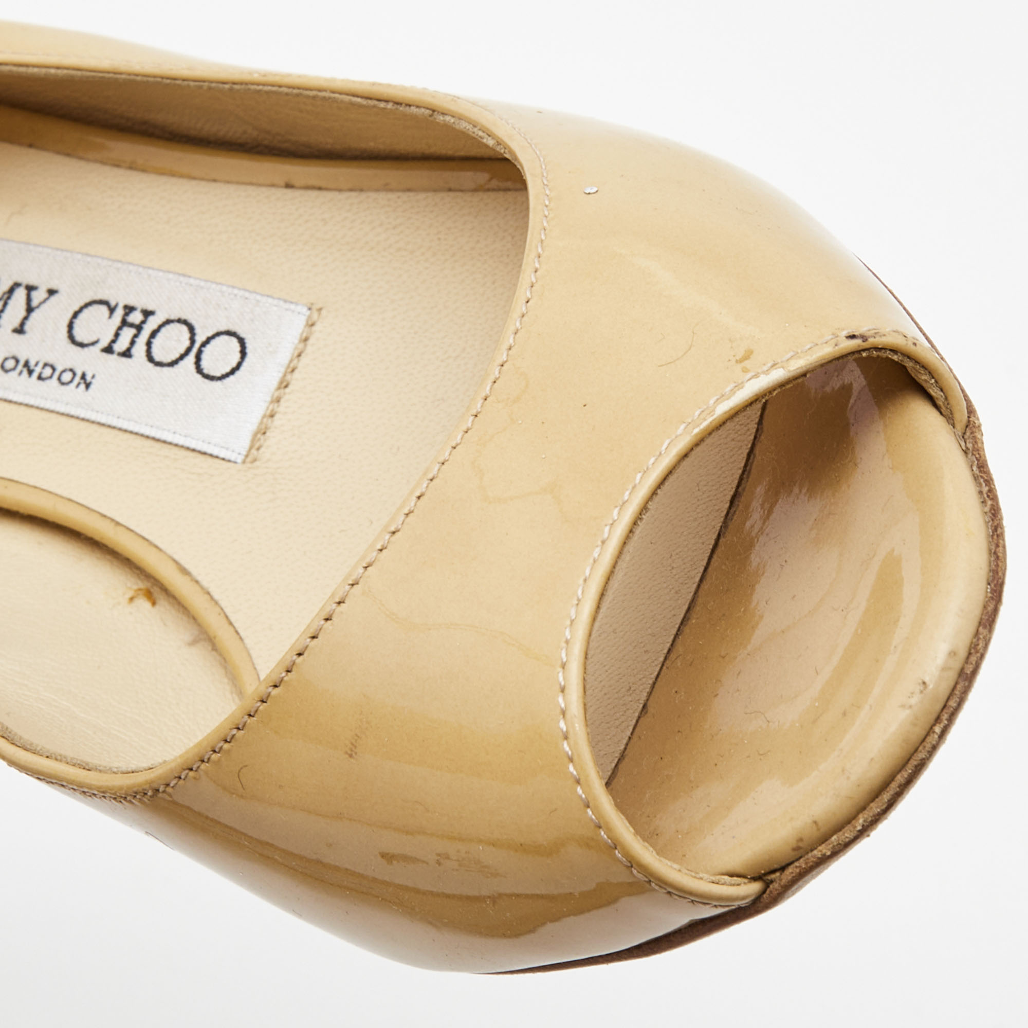 Jimmy Choo Beige Patent Leather Peep Toe Wedge Pumps Size 35