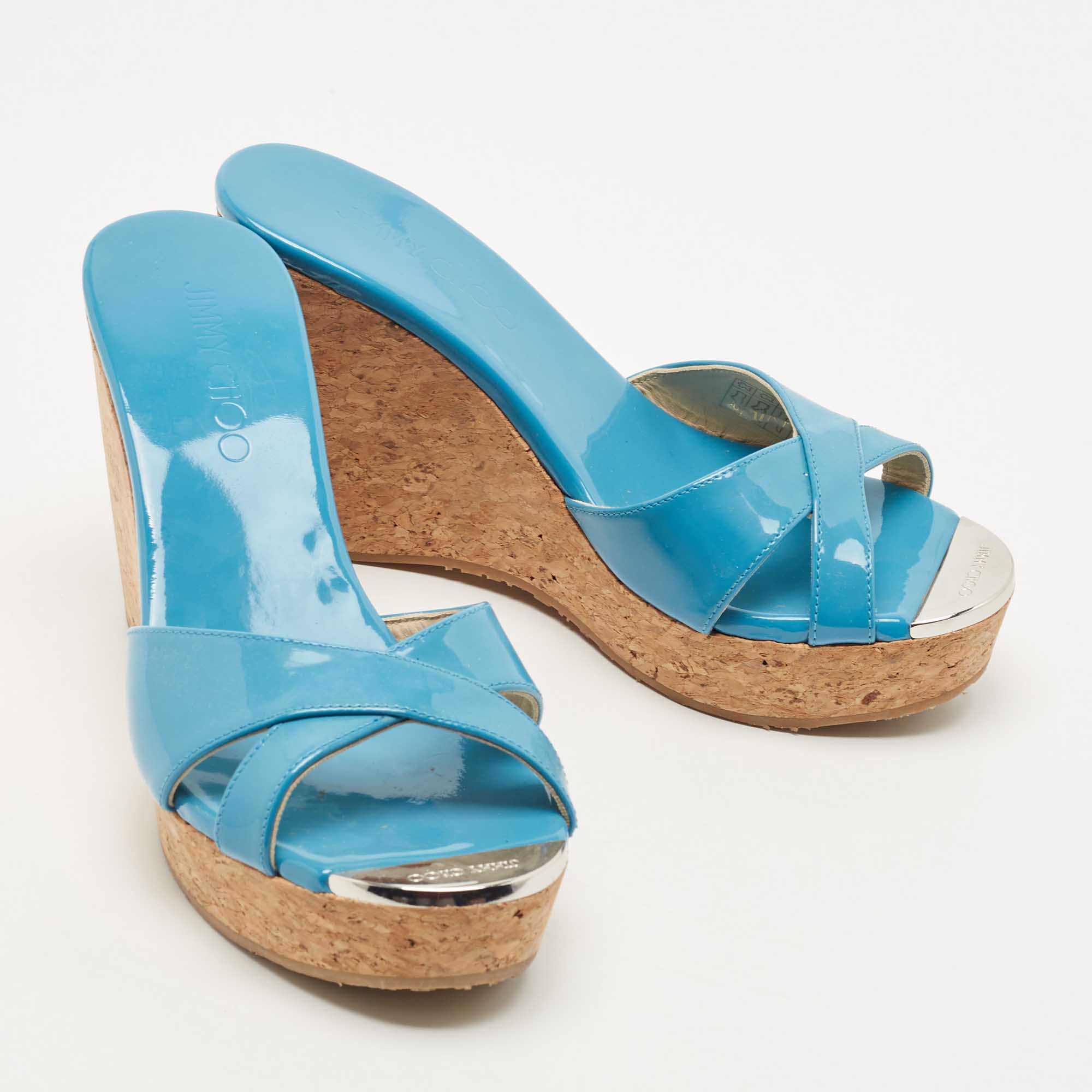 Jimmy Choo Blue Patent Leather Prima Wedge Sandals Size 37