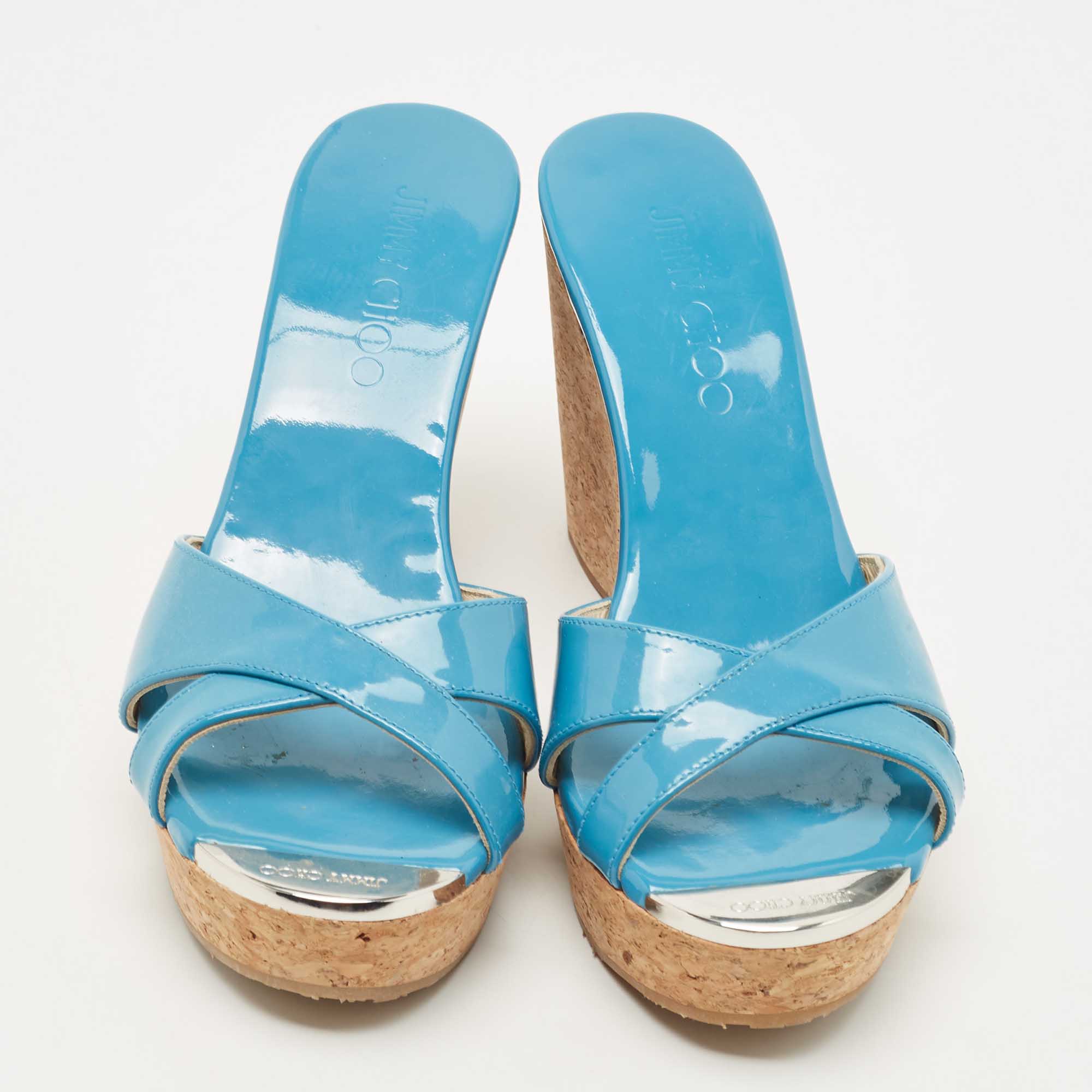 Jimmy Choo Blue Patent Leather Prima Wedge Sandals Size 37