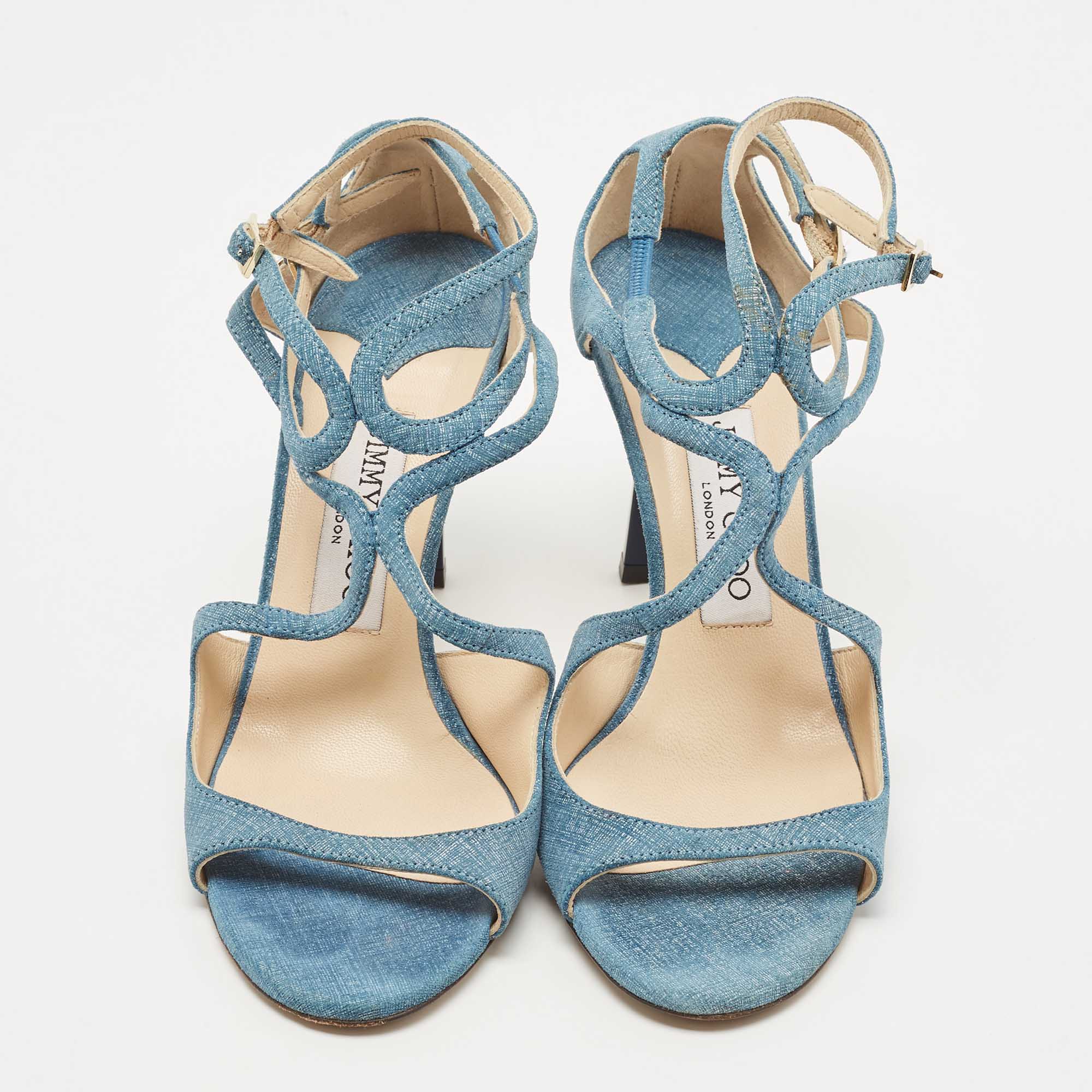 Jimmy Choo Blue Texture Suede Lang Ankle Strap Sandals Size 36.5