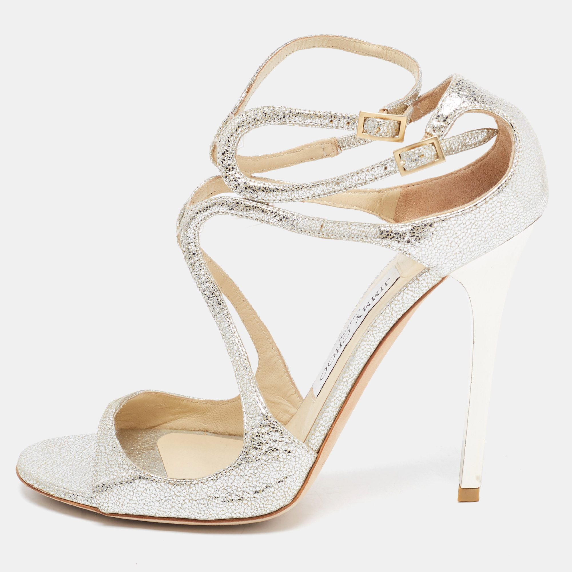 Jimmy Choo Silver Foil Leather Lang Strappy Sandals Size 37.5