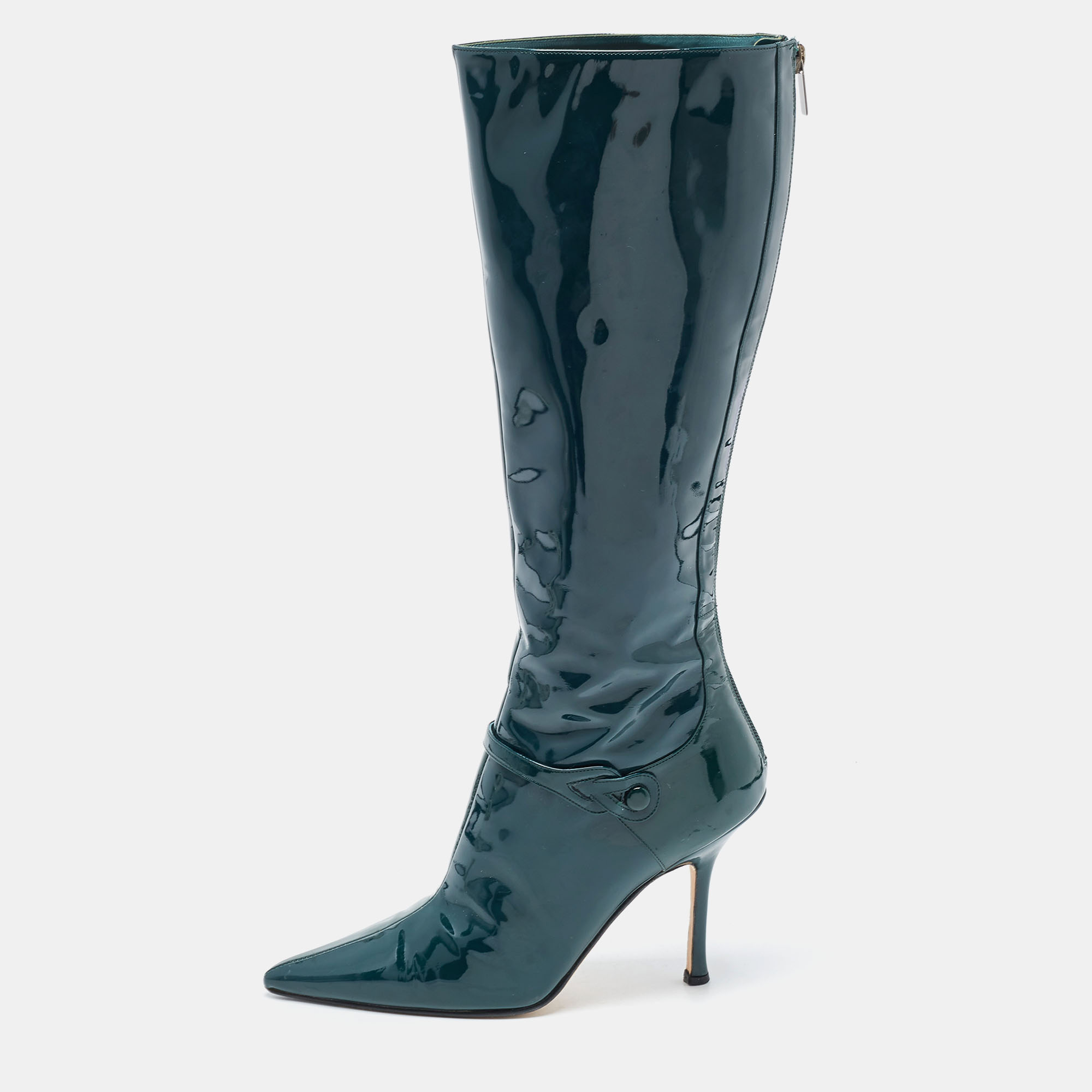 Jimmy Choo Green Patent Leather Calf Length Boots Size 37.5