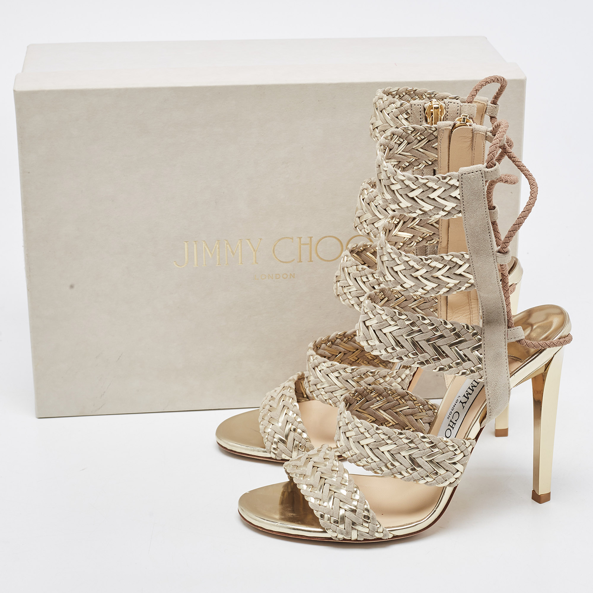 Jimmy Choo Grey/Gold Braided Leather And Suede  Lima Gladiator Sandals Size 36