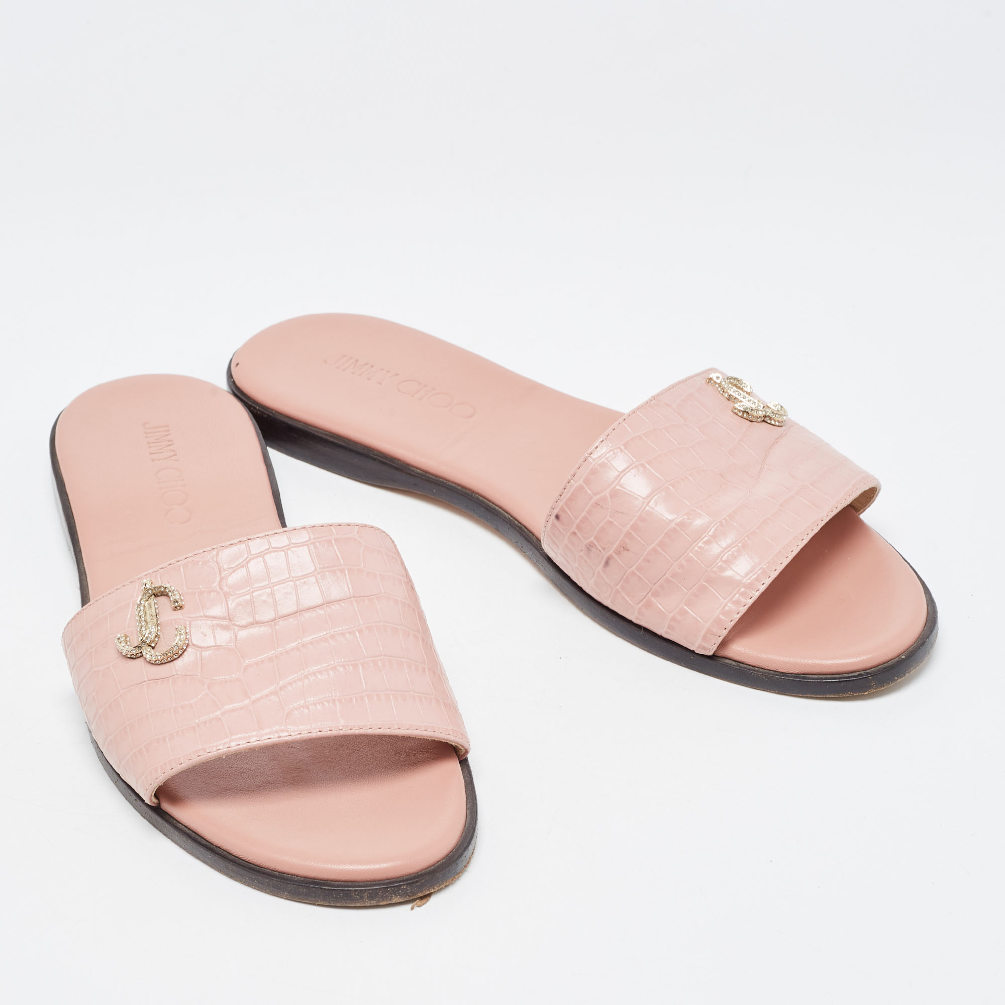 Jimmy Choo Pink Croc Embossed Leather Minea Flat Slides Size 38.5