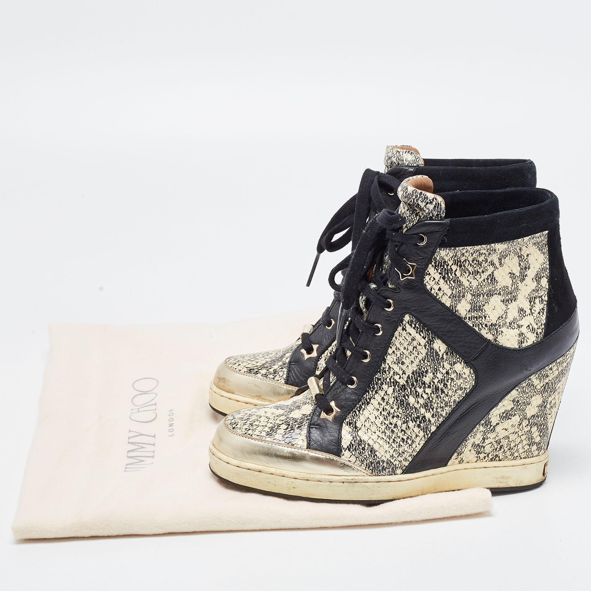 Jimmy Choo Cream/Black Python Embossed And Leather  Wedge Sneakers Size 38