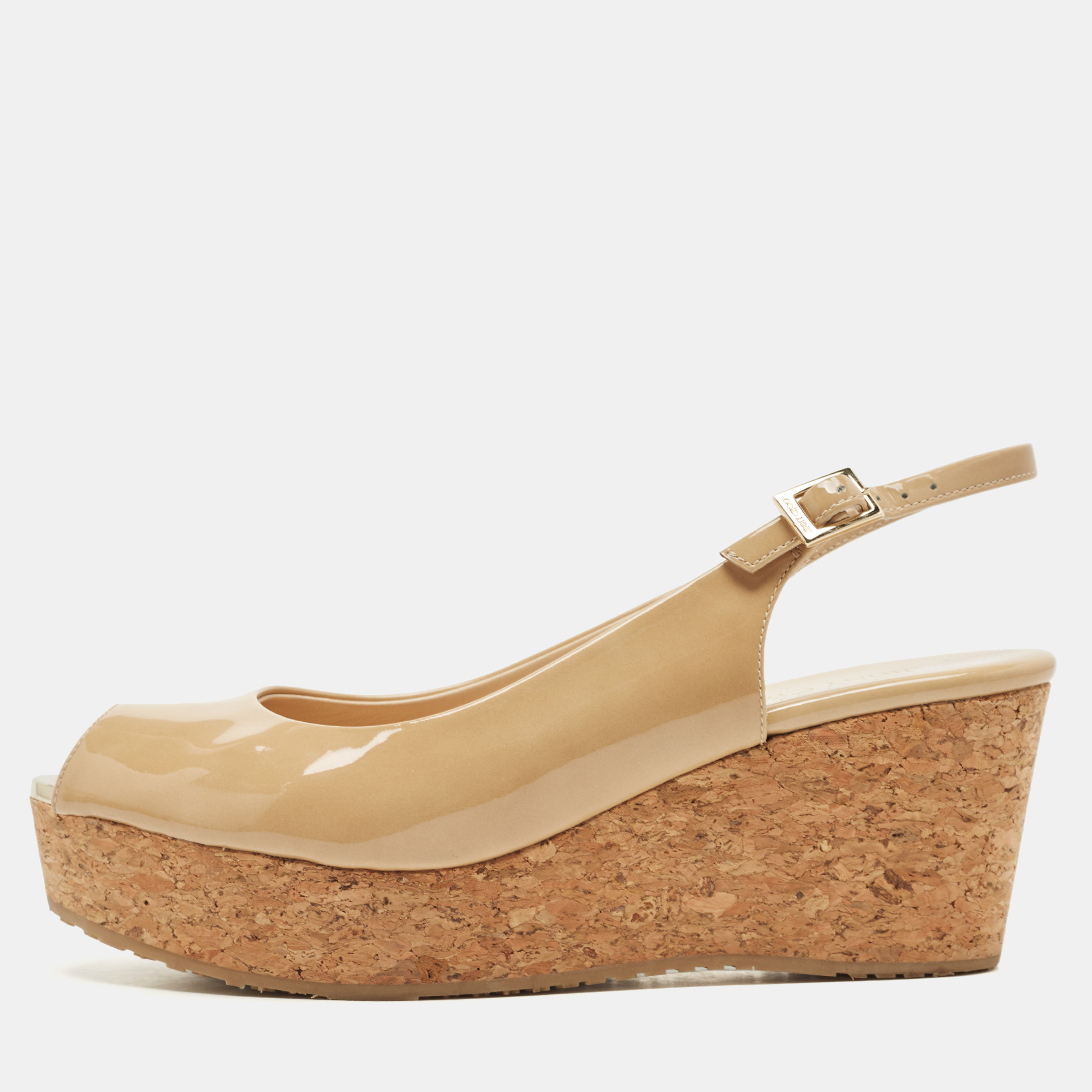 Jimmy Choo Beige Patent Leather Cork Wedge Sandals Size 40.5