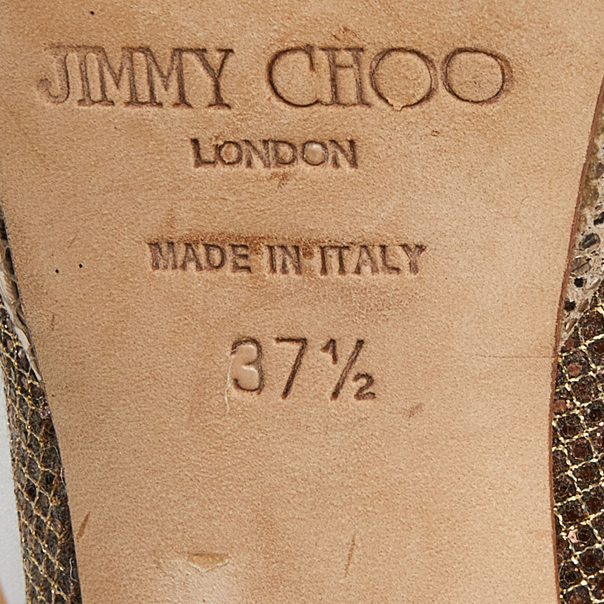 Jimmy Choo Gold Glitter Lamè Fabric Dahlia Platform Peep Toe Pumps Size 37.5