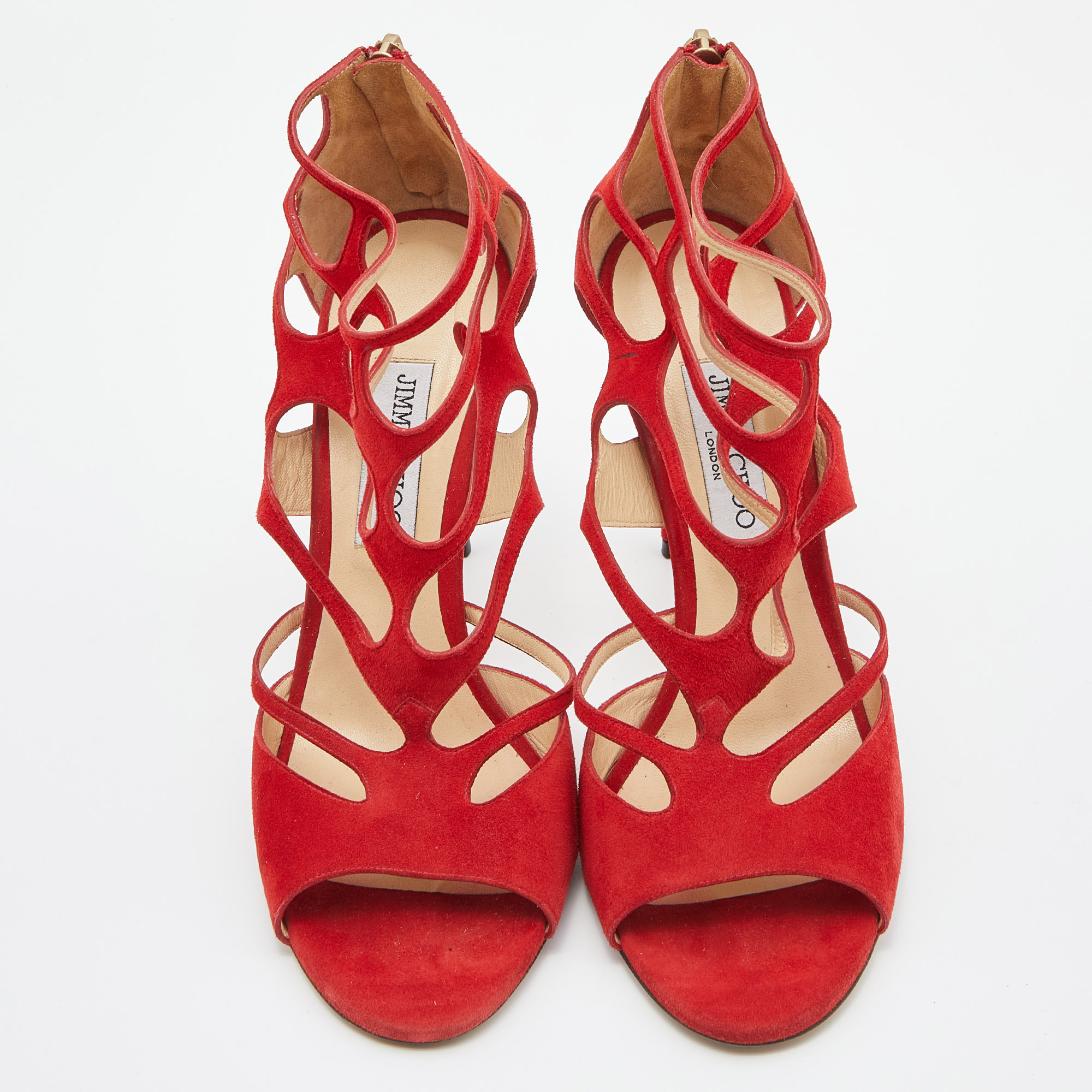 Jimmy Choo Red Suede Ren Cut Out Peep Toe Sandals Size 42