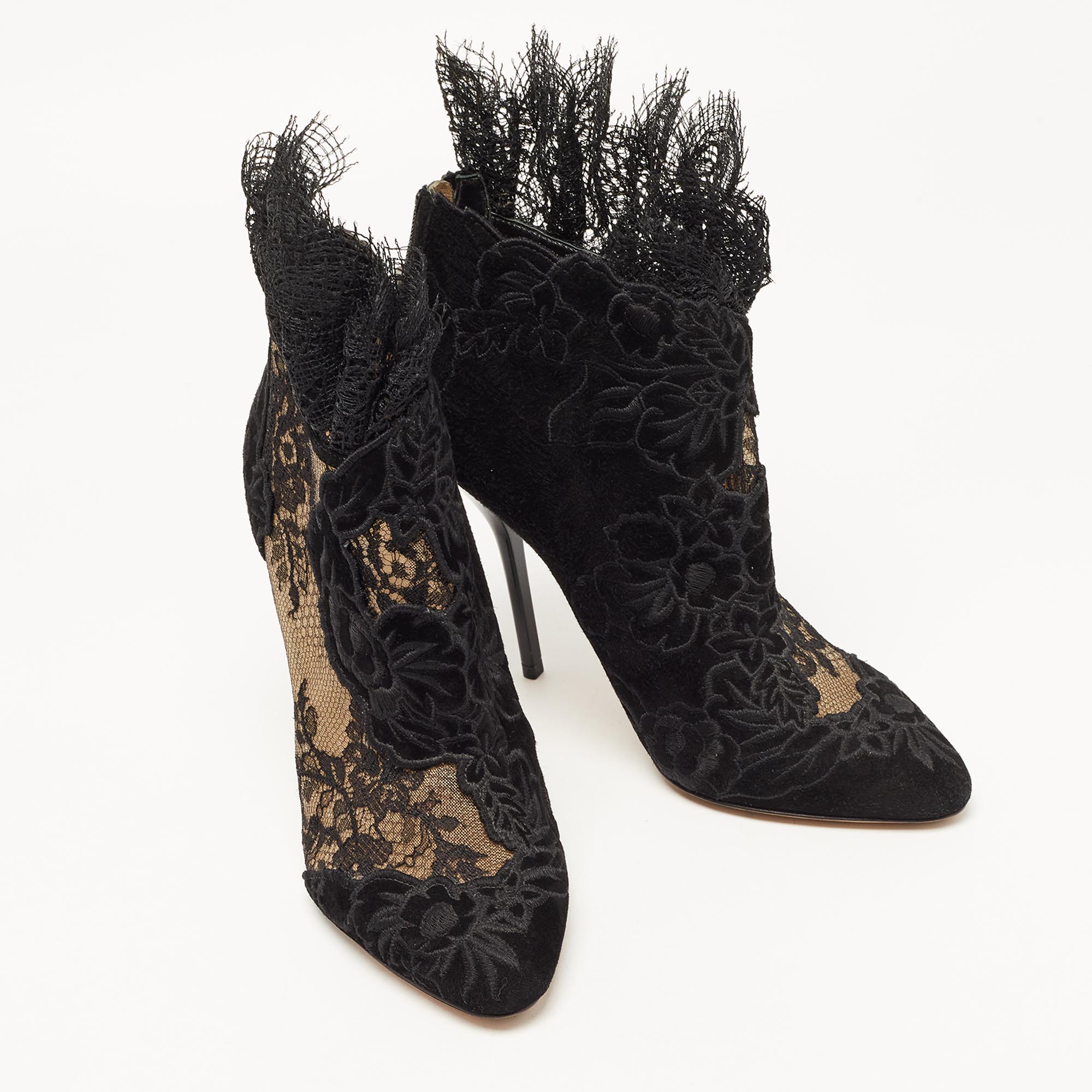 Jimmy Choo Black Lace And Floral Embroidered Suede Kamaris Ankle Booties Size 37