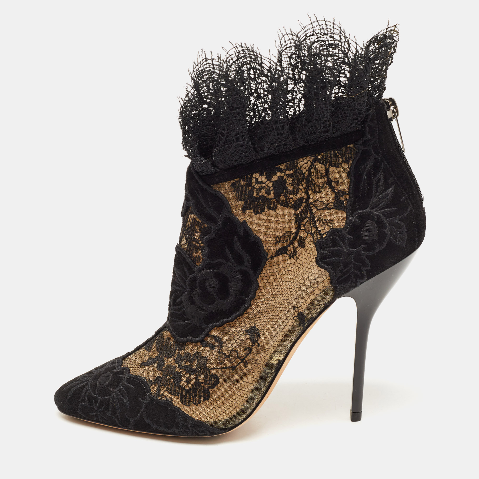 Jimmy Choo Black Lace And Floral Embroidered Suede Kamaris Ankle Booties Size 37