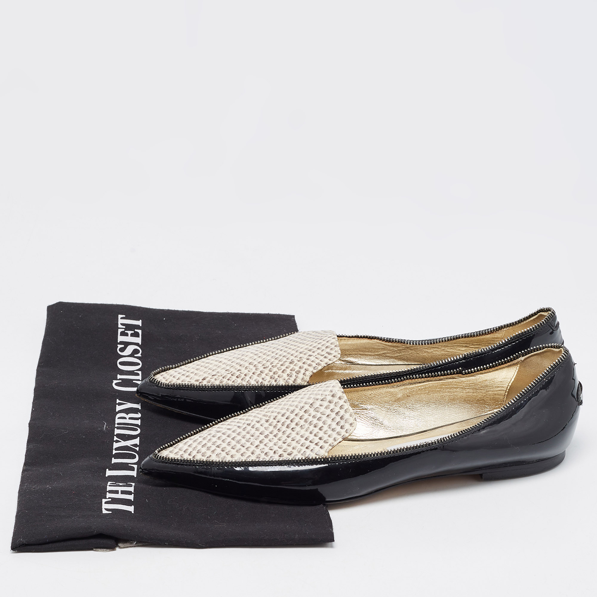 Jimmy Choo Black/Beige Leather And Embossed Python Pointed Toe Smoking Slippers Size 36.5