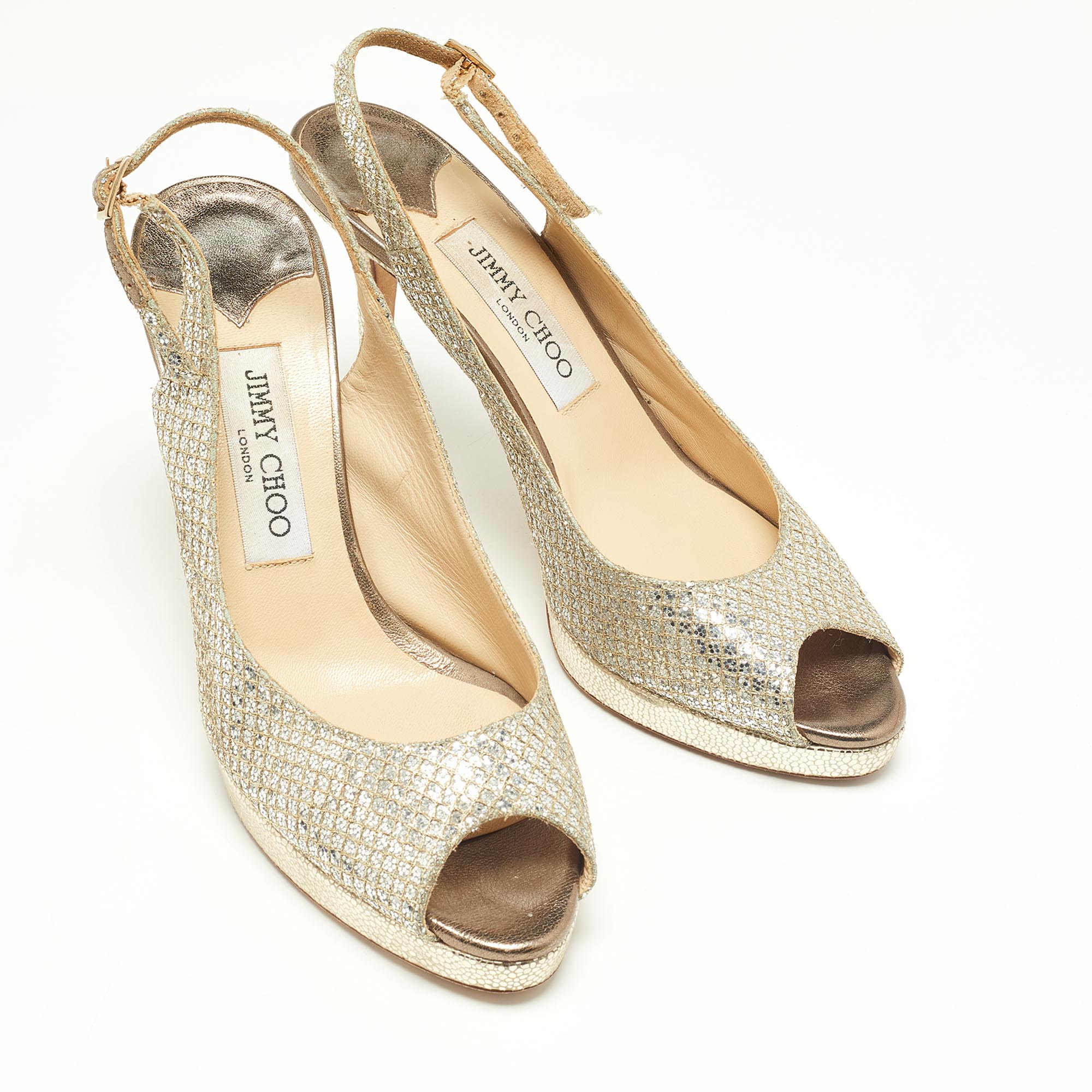 Jimmy Choo Gold Glitter And Leather Peep Toe Slingback Sandals Size 38.5
