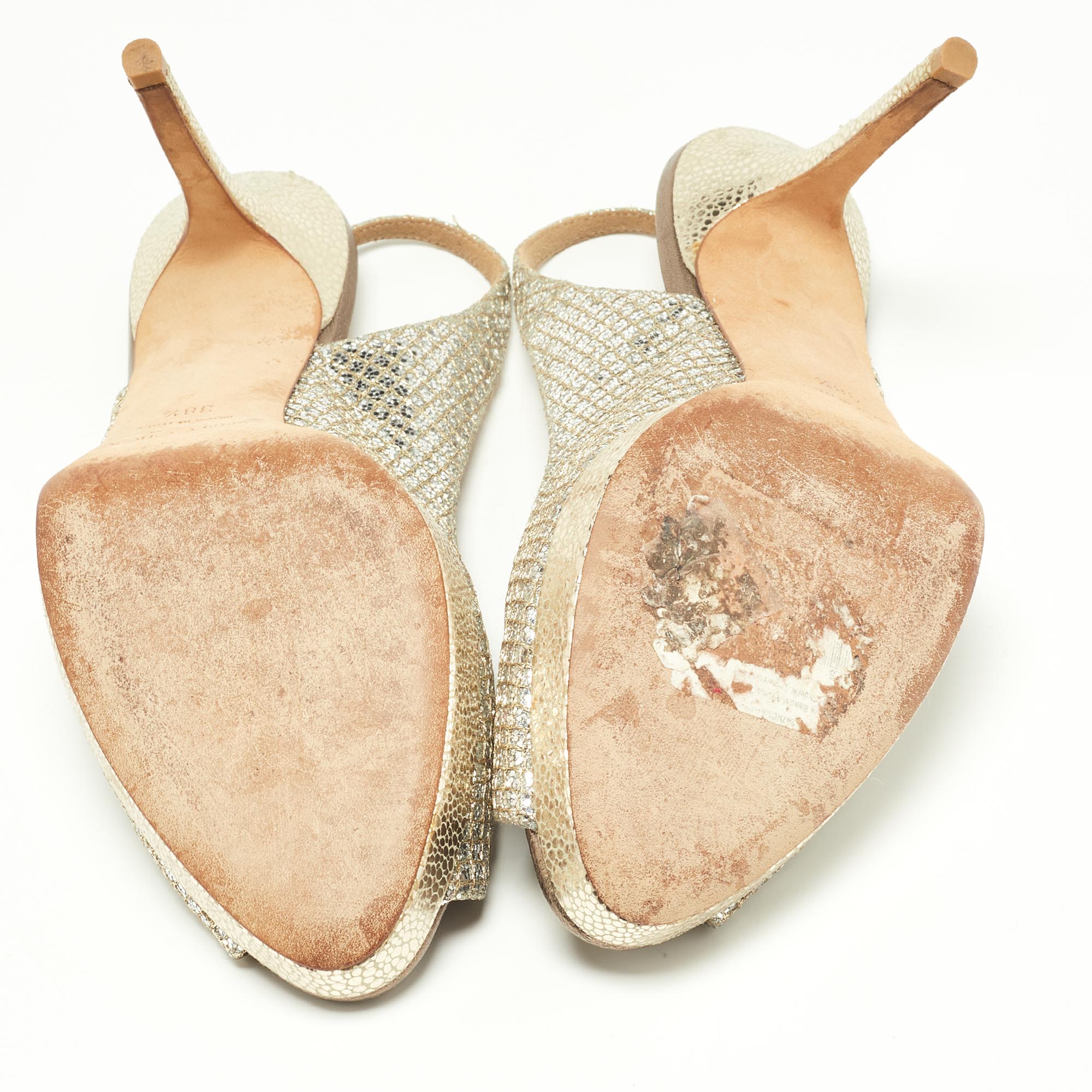 Jimmy Choo Gold Glitter And Leather Peep Toe Slingback Sandals Size 38.5
