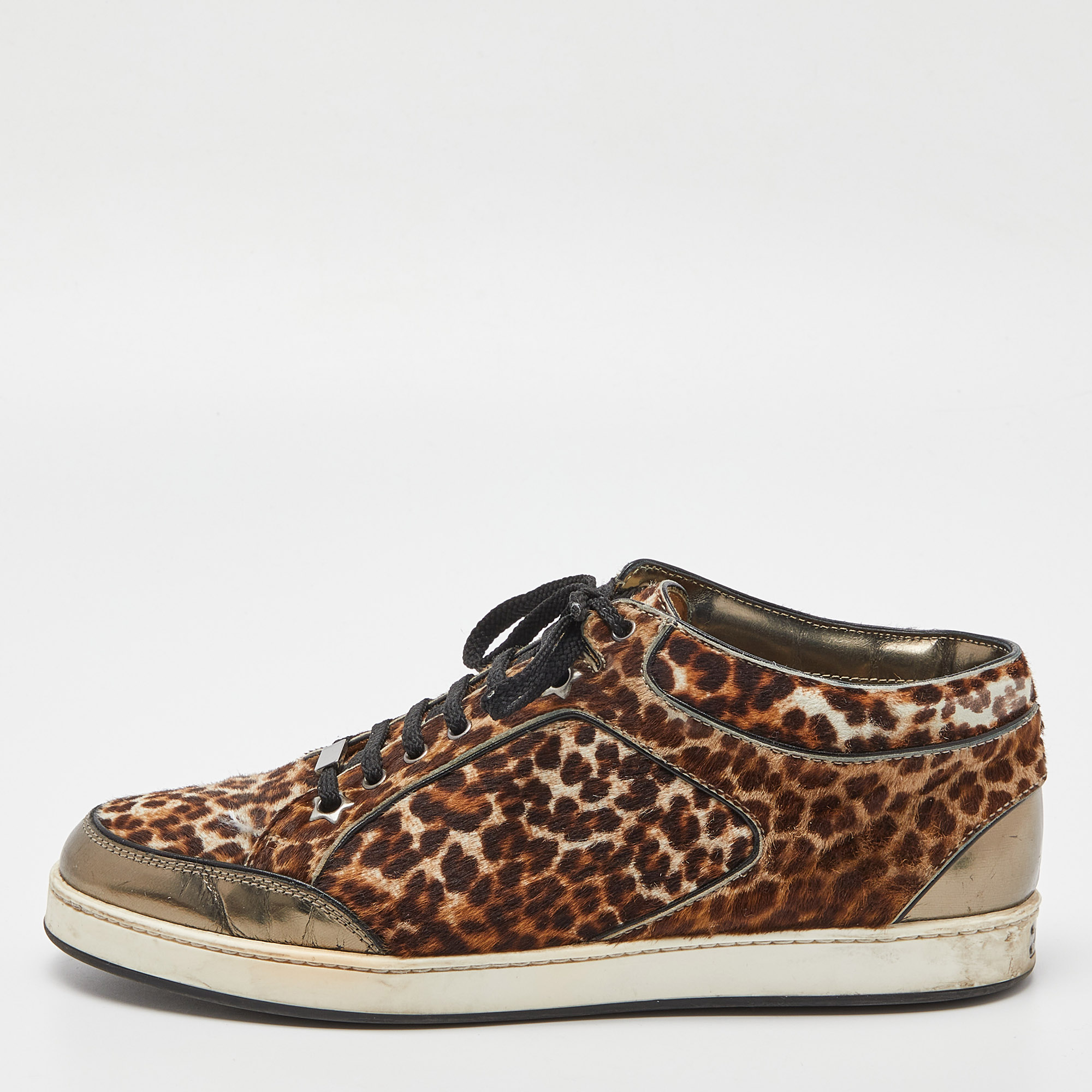 Jimmy choo brown/metallic leopard print calfhair and mirrored leather miami low top sneakers size 38.5