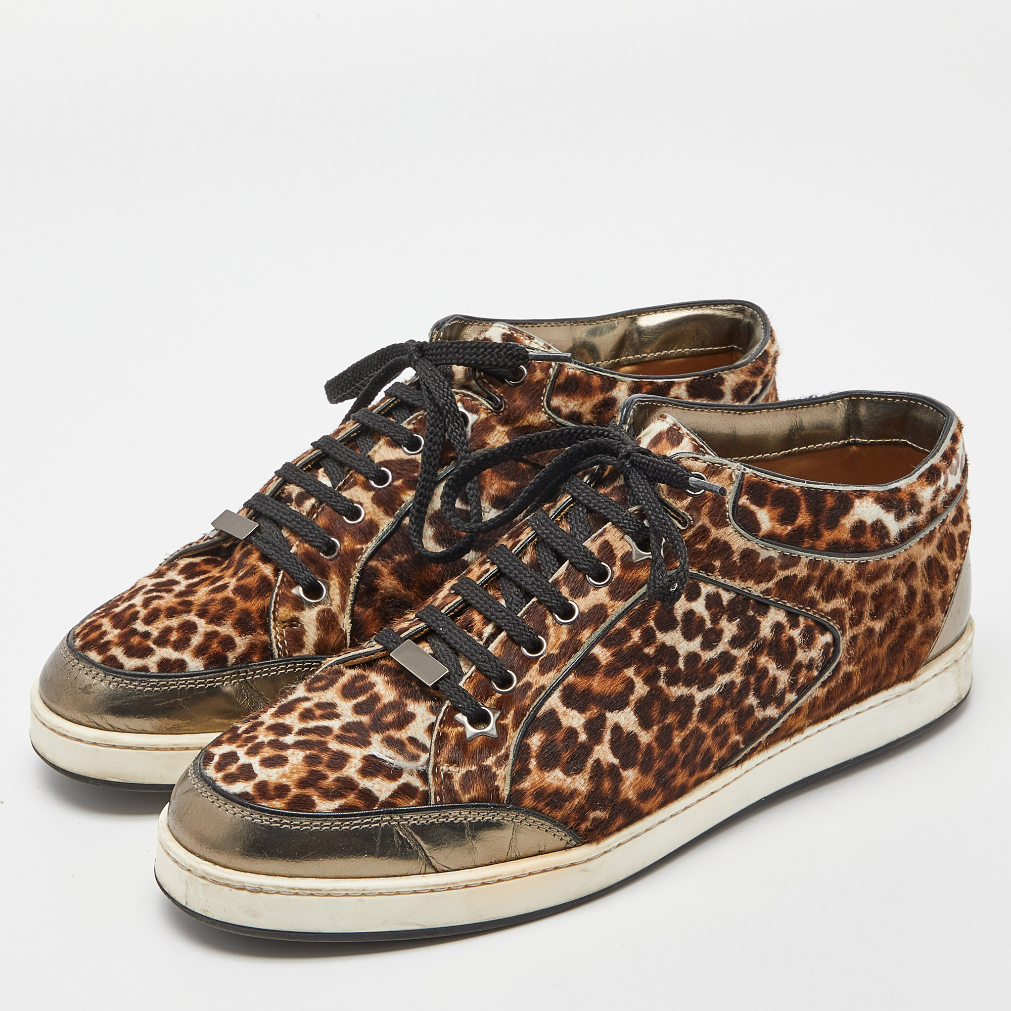 Jimmy Choo Brown/Metallic Leopard Print Calfhair And Mirrored Leather Miami Low Top Sneakers Size 38.5