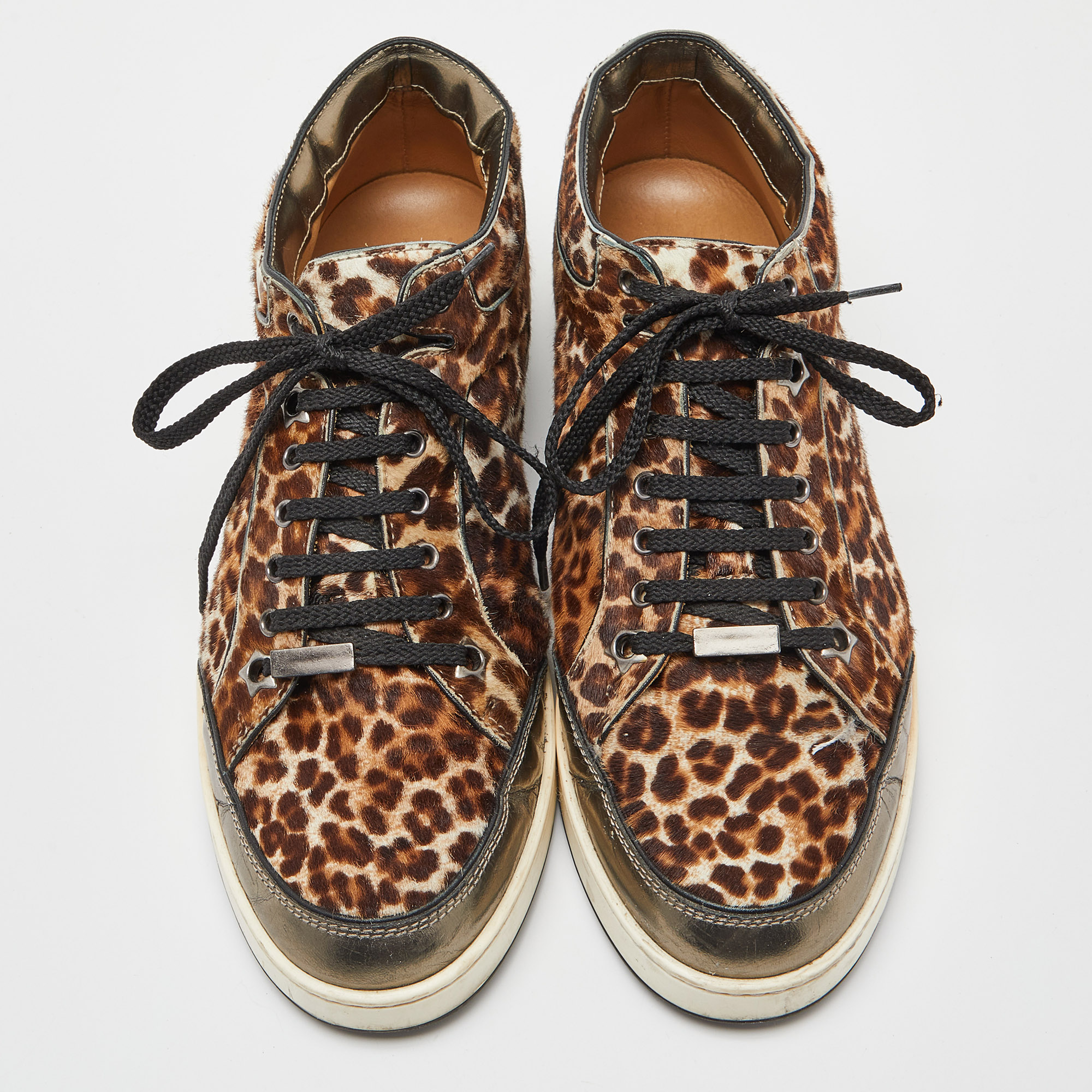 Jimmy Choo Brown/Metallic Leopard Print Calfhair And Mirrored Leather Miami Low Top Sneakers Size 38.5