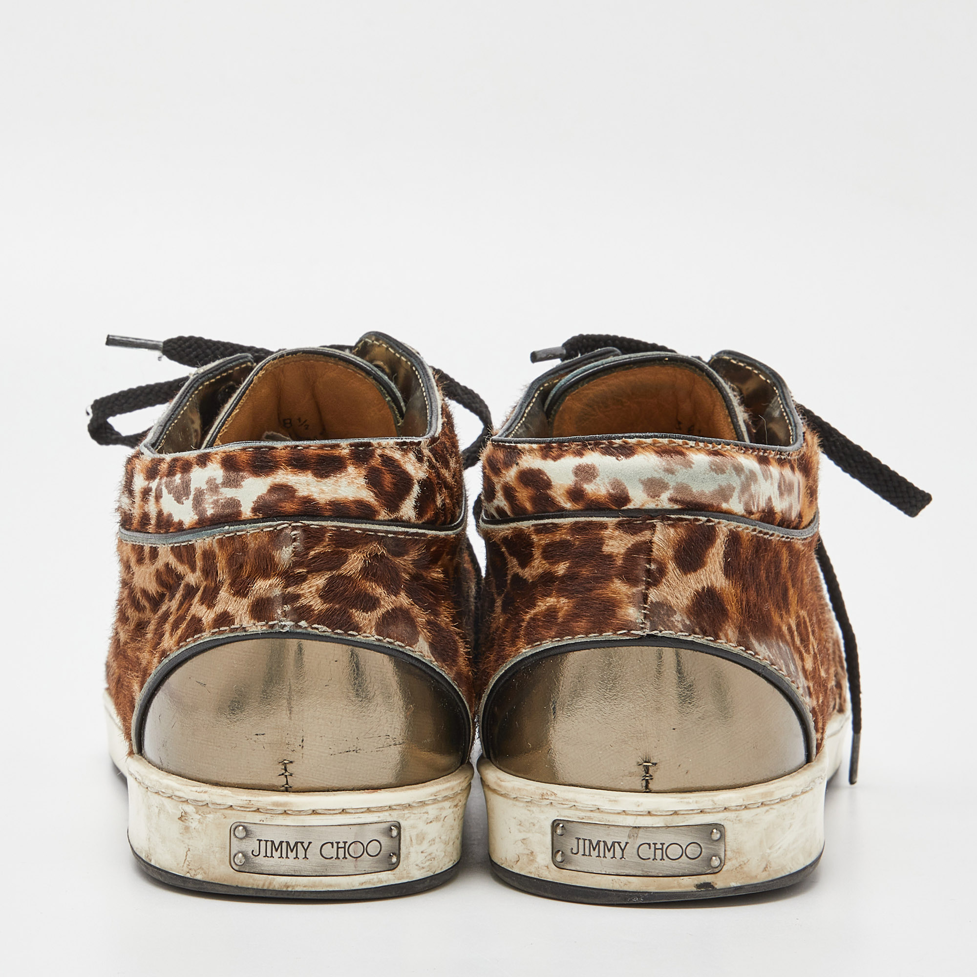 Jimmy Choo Brown/Metallic Leopard Print Calfhair And Mirrored Leather Miami Low Top Sneakers Size 38.5