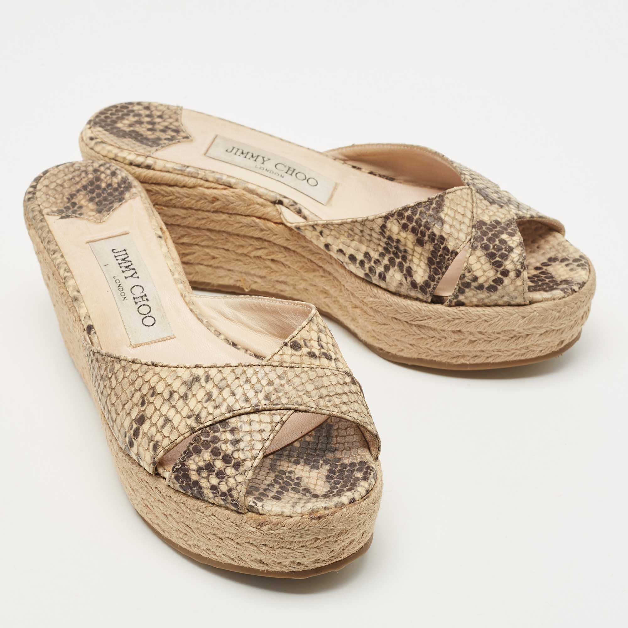 Jimmy Choo Beige Python Embossed Leather Prima Wedge Sandals Size 39