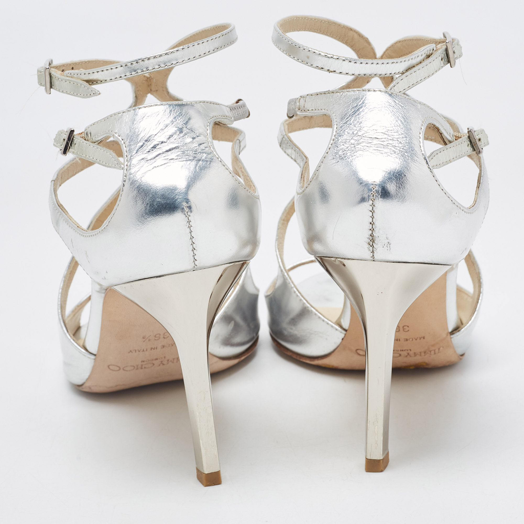 Jimmy Choo Silver Leather Ivette Strappy Sandals Size 36.5