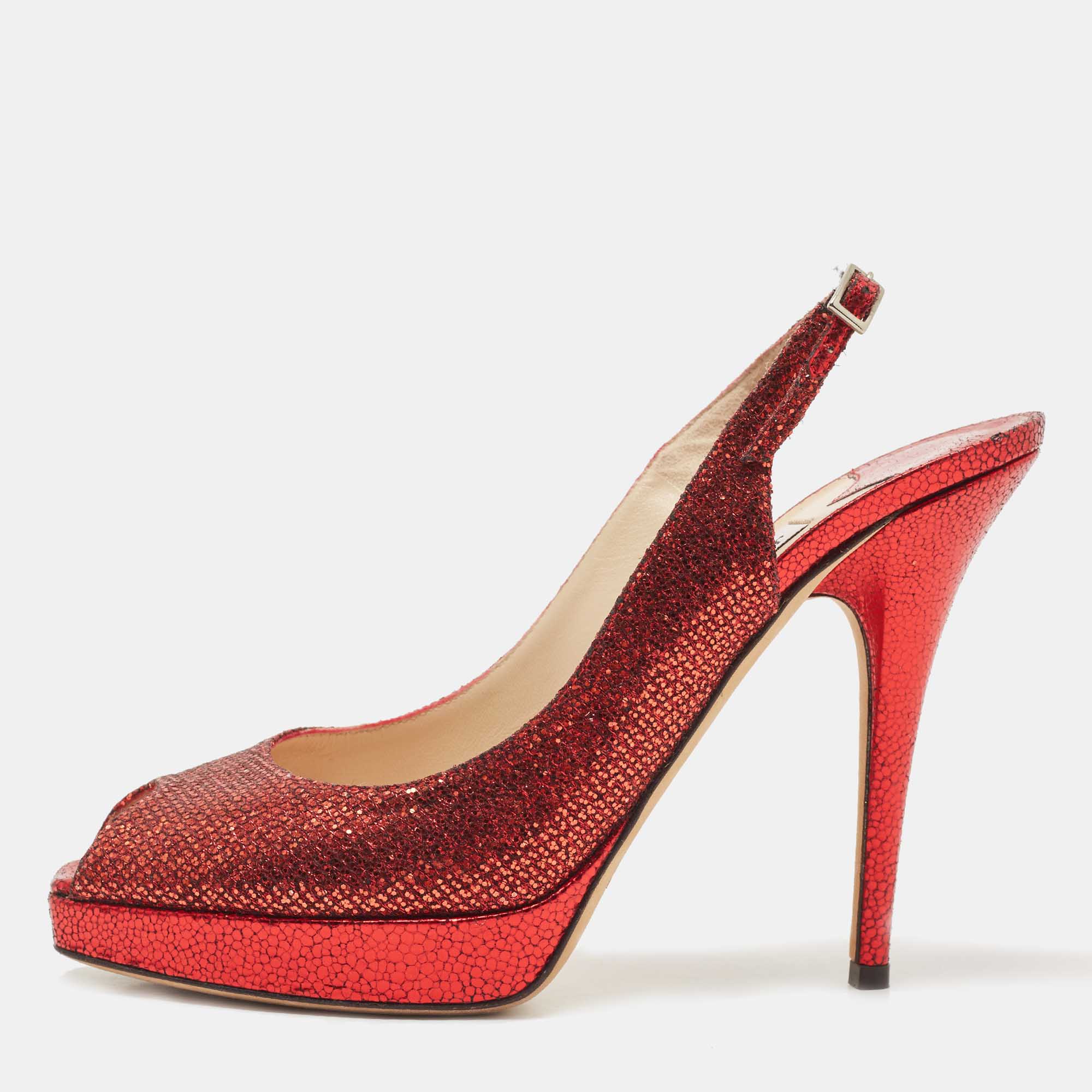 Jimmy Choo Red Glitter And Lame Leather Slingback Pumps Size 39