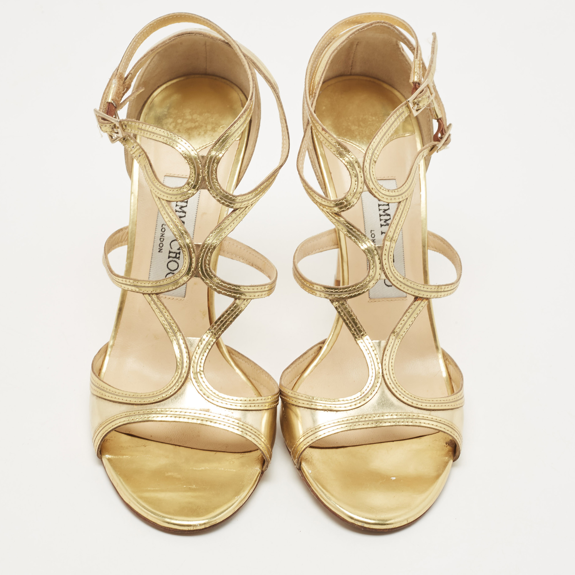 Jimmy Choo Gold Leather Lance Ankle Strap Sandals Size 38.5
