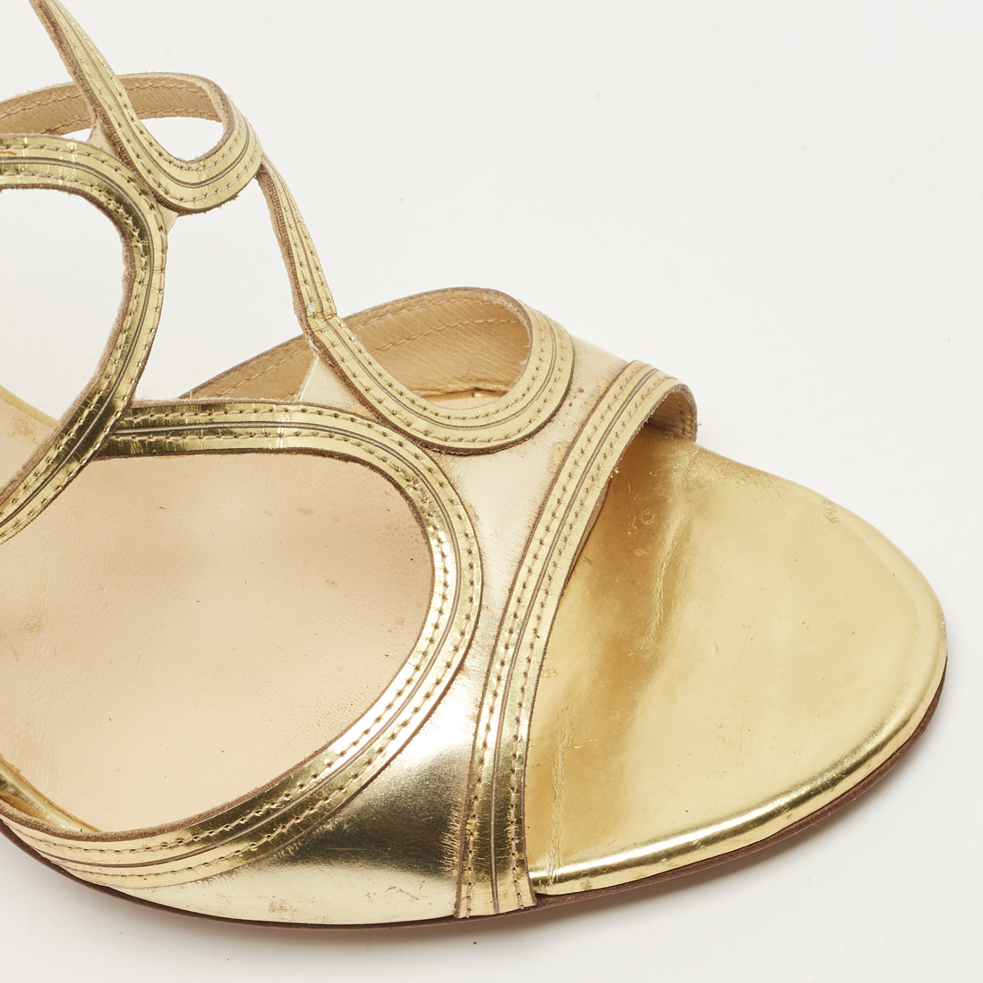Jimmy Choo Gold Leather Lance Ankle Strap Sandals Size 38.5