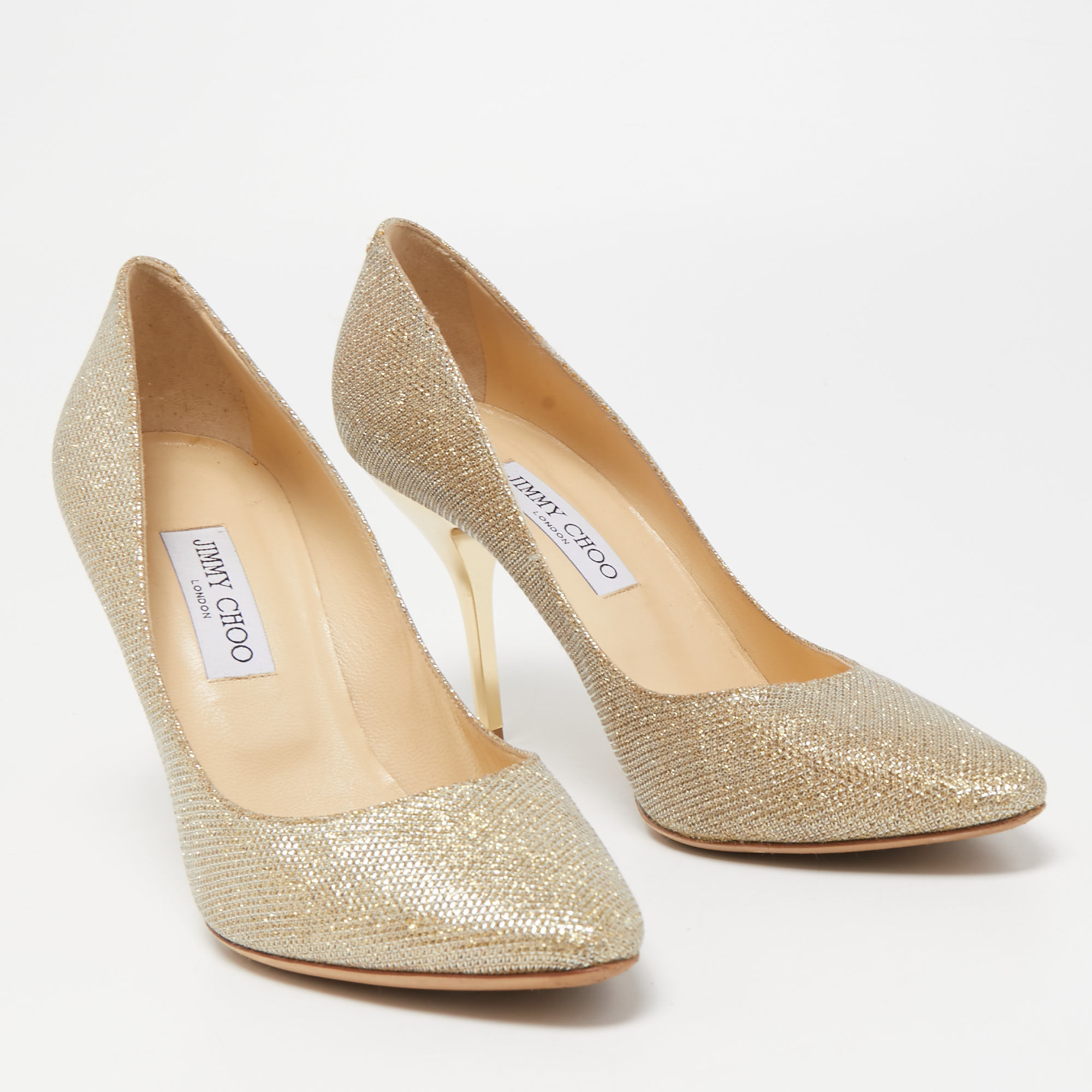 Jimmy Choo Gold Glitter Fabric Romy Pointed Toe Pumps Size 41