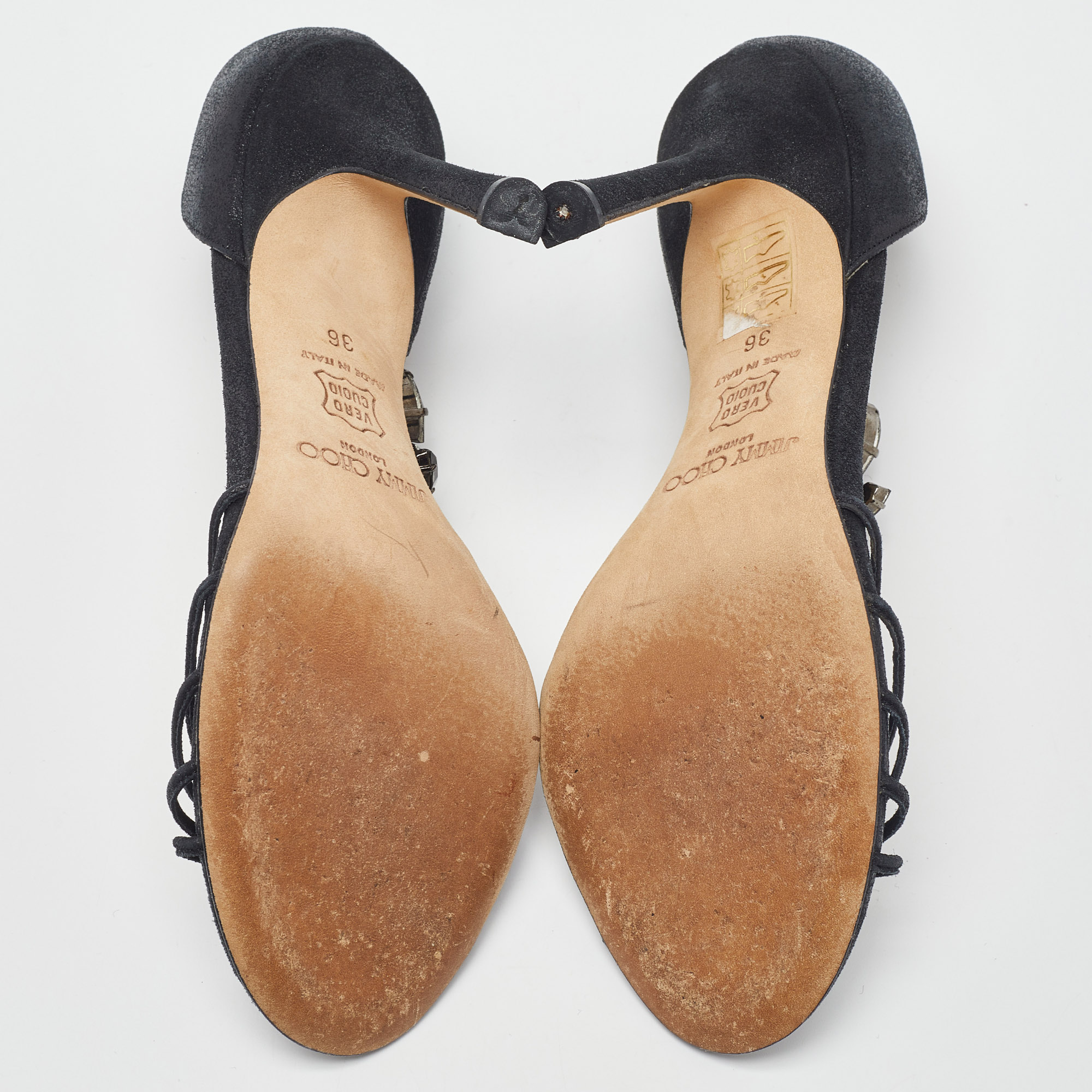Jimmy Choo Black Glitter Suede Crystal Embellished T-Bar Ankle Strap Sandals Size 36