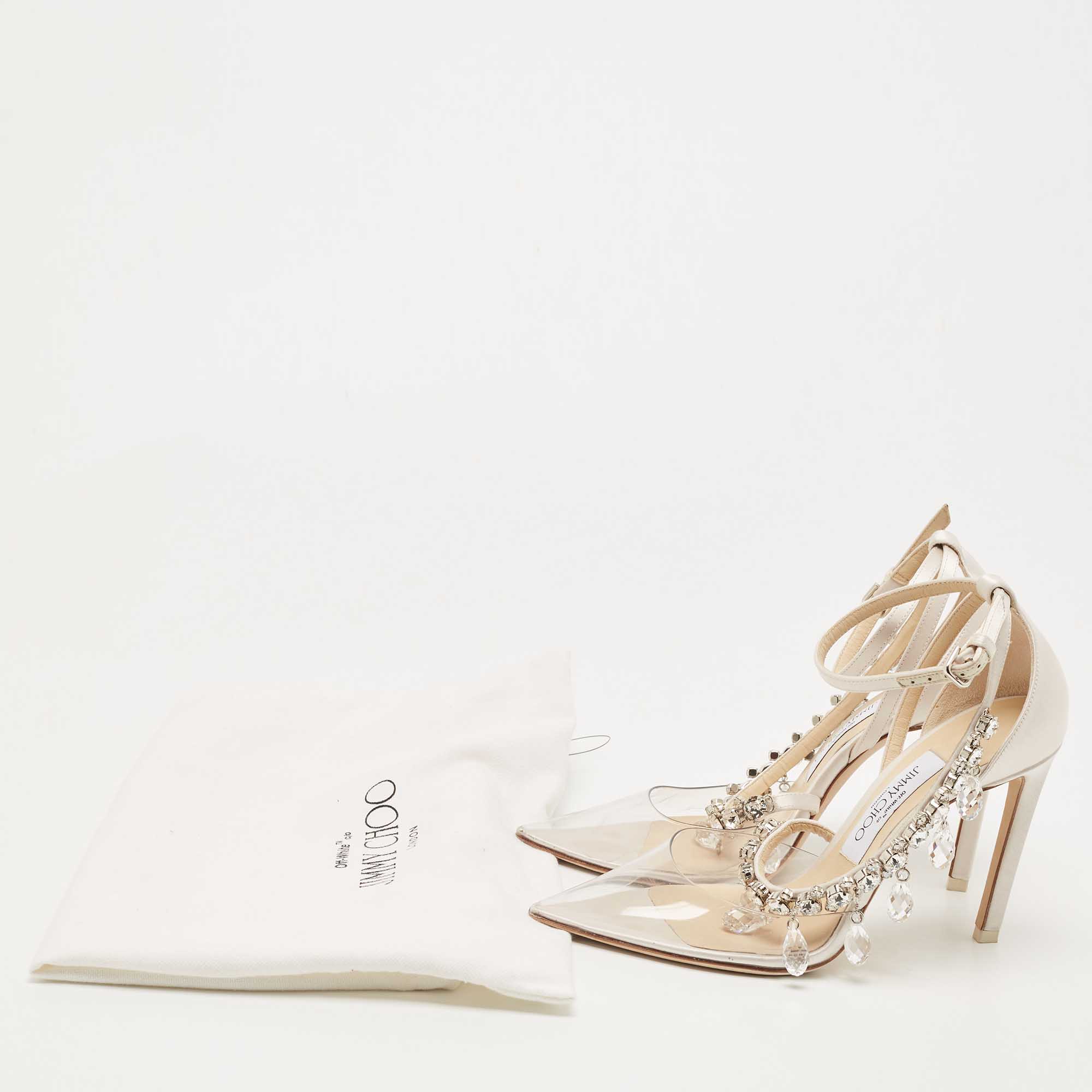 Off-White X Jimmy Choo White/Transparent Satin And PVC Victoria Crystal Embellished Pumps Size 36.5