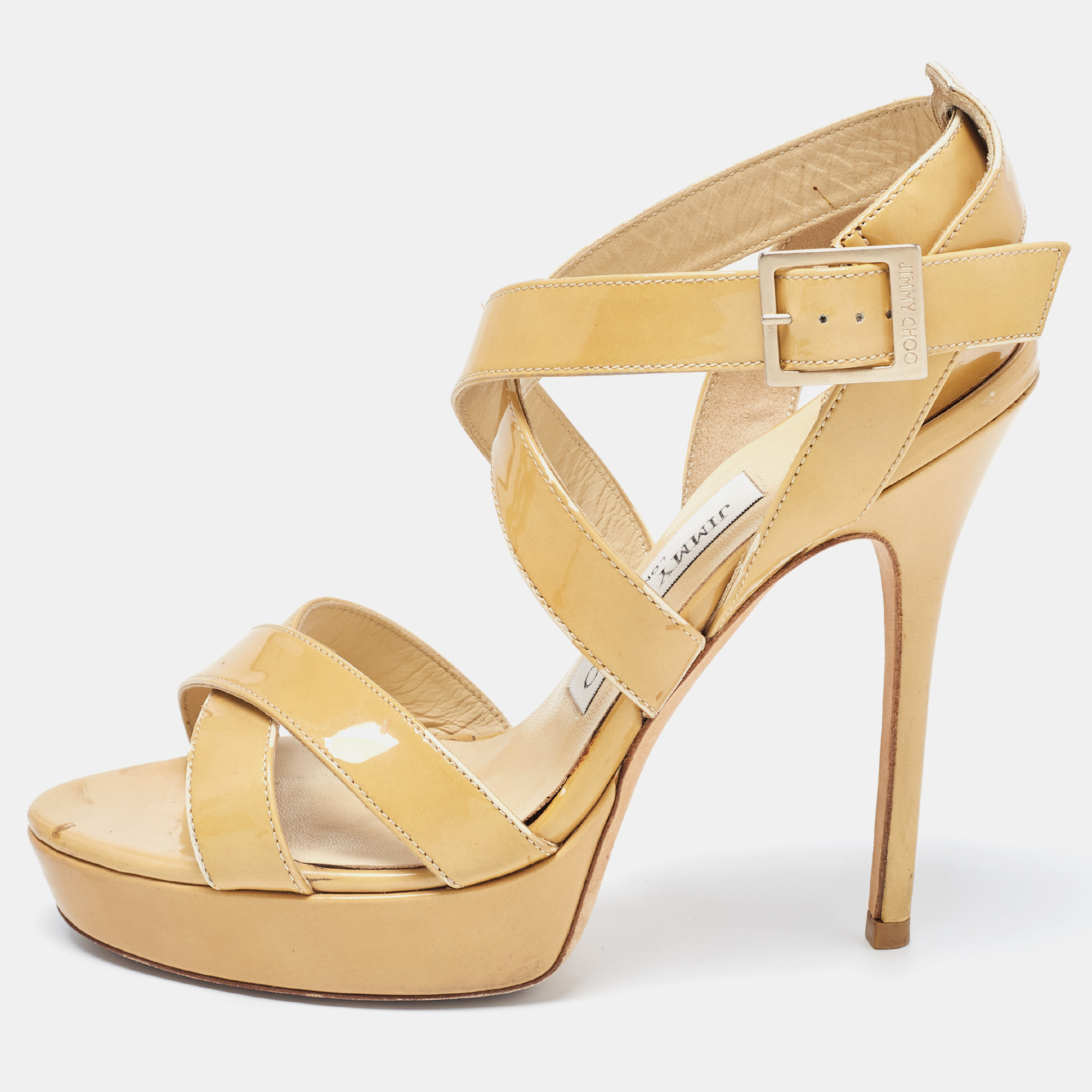 Jimmy Choo Beige Patent Leather Vamp Ankle Strap Sandals Size 37