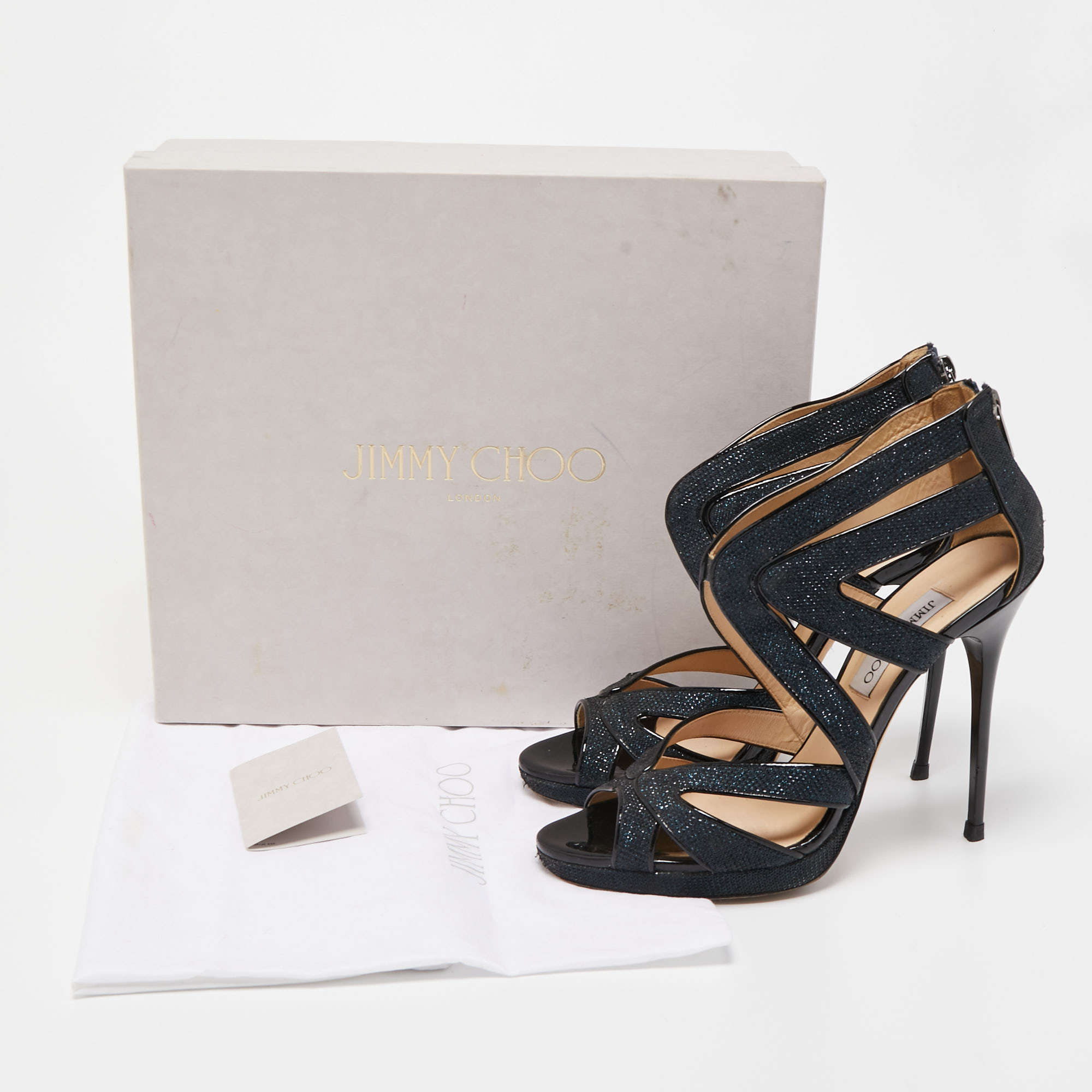 Jimmy Choo Navy Blue /Black Glitter And Patent Leather Strappy Ankle Sandals Size 40