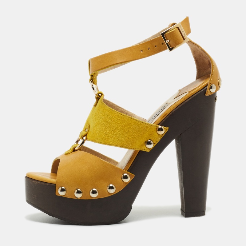 Jimmy Choo Yellow Leather And Suede Platform Ankle Strap Sandals Size 37.5
