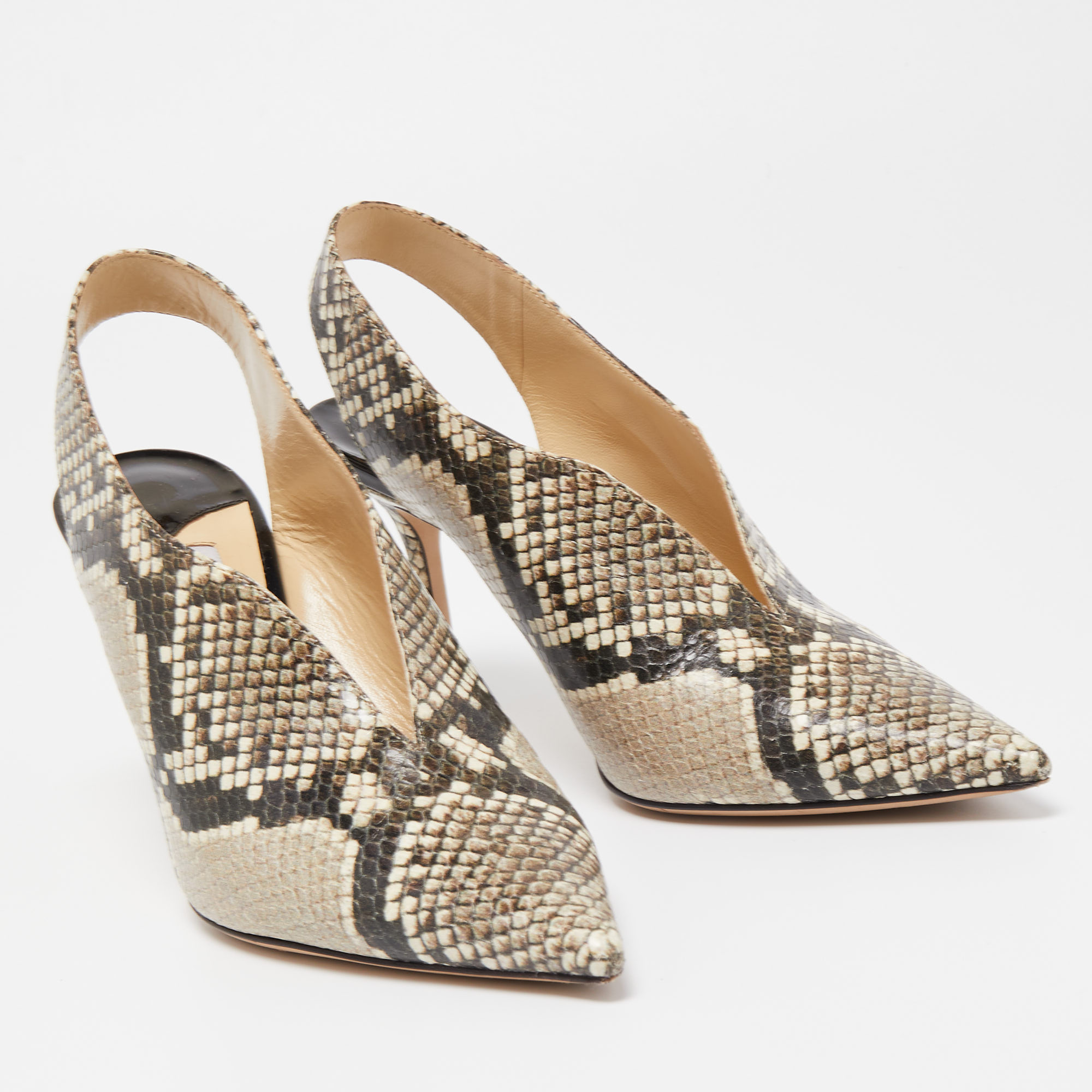 Jimmy Choo Brown/Beige Python Embossed Leather Pointed Toe Slingback Pumps Size 37