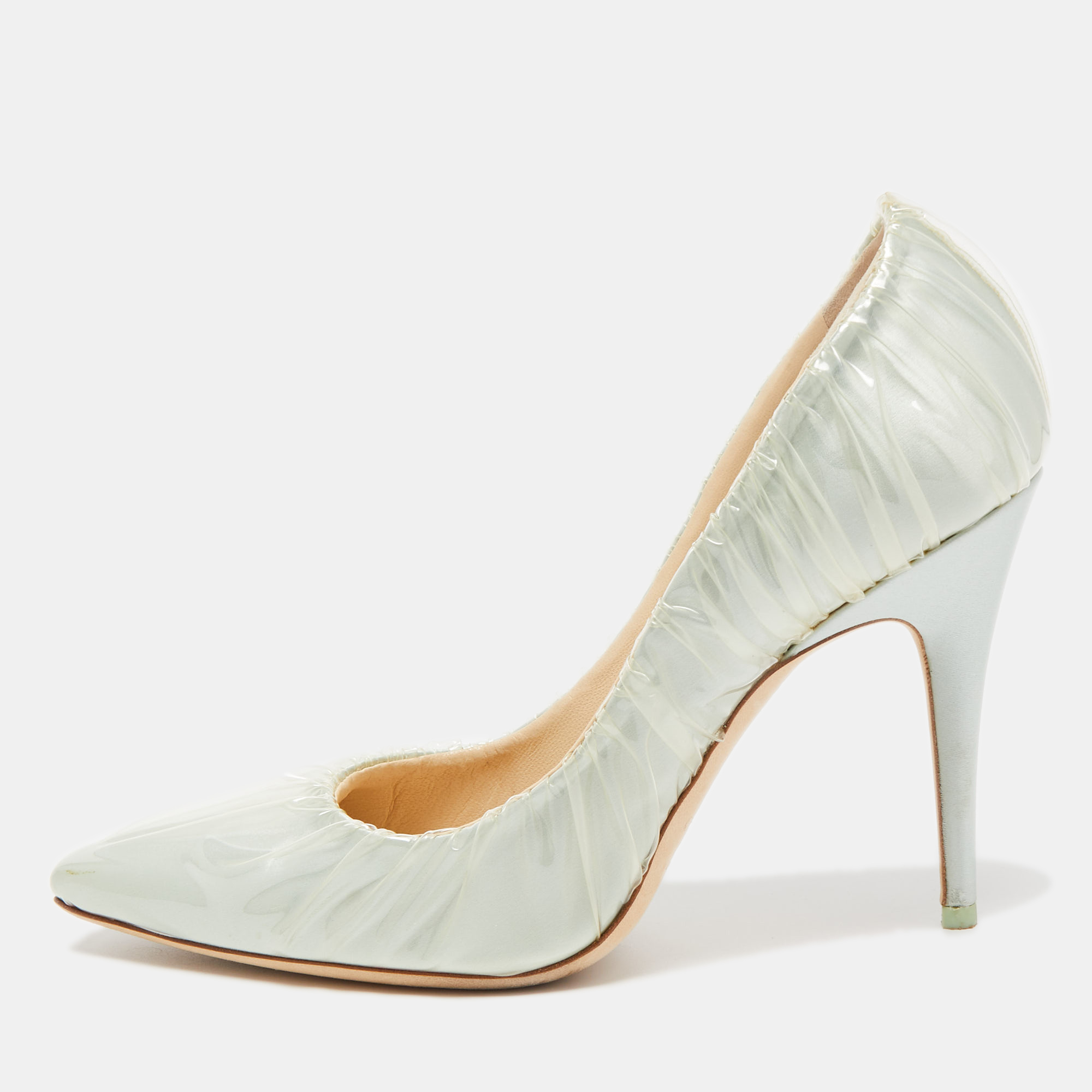 Jimmy choo x off-white light green satin and pleated pvc anne pumps size 41