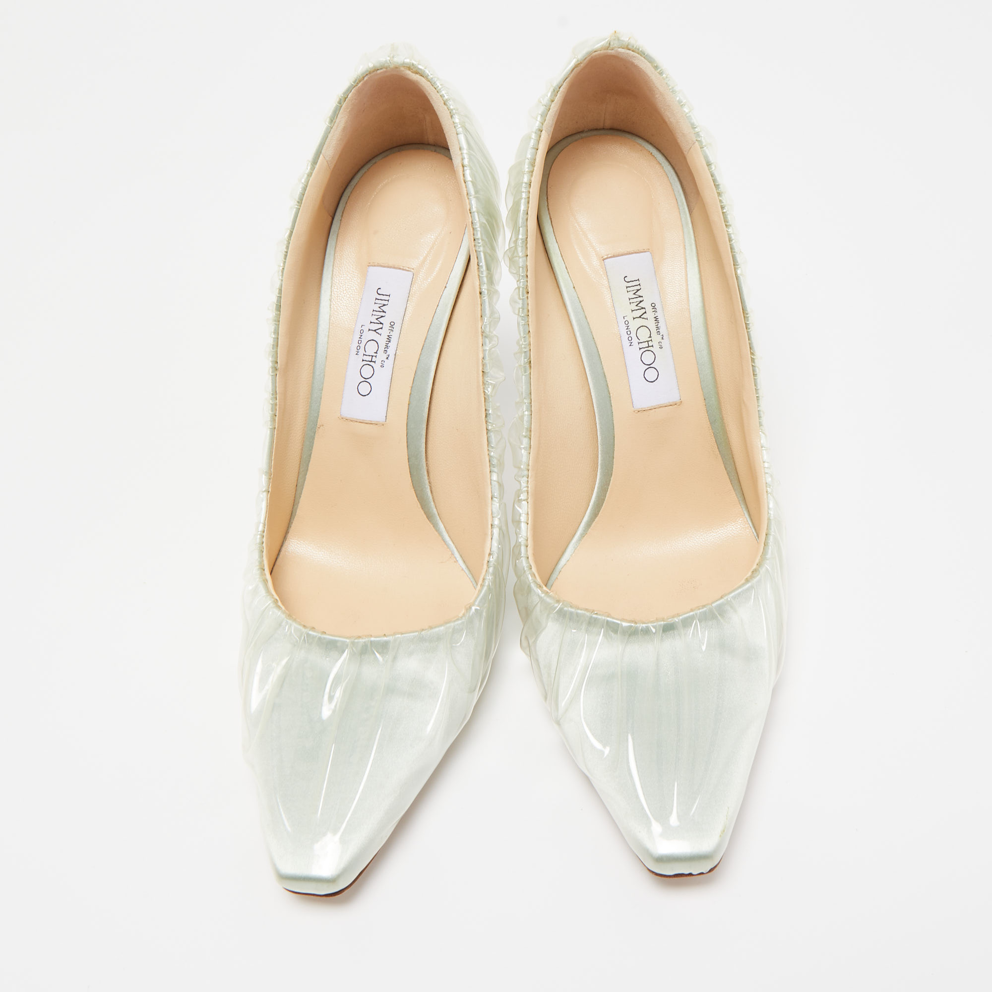 Jimmy Choo X Off-White Light Green Satin And Pleated PVC Anne Pumps Size 41