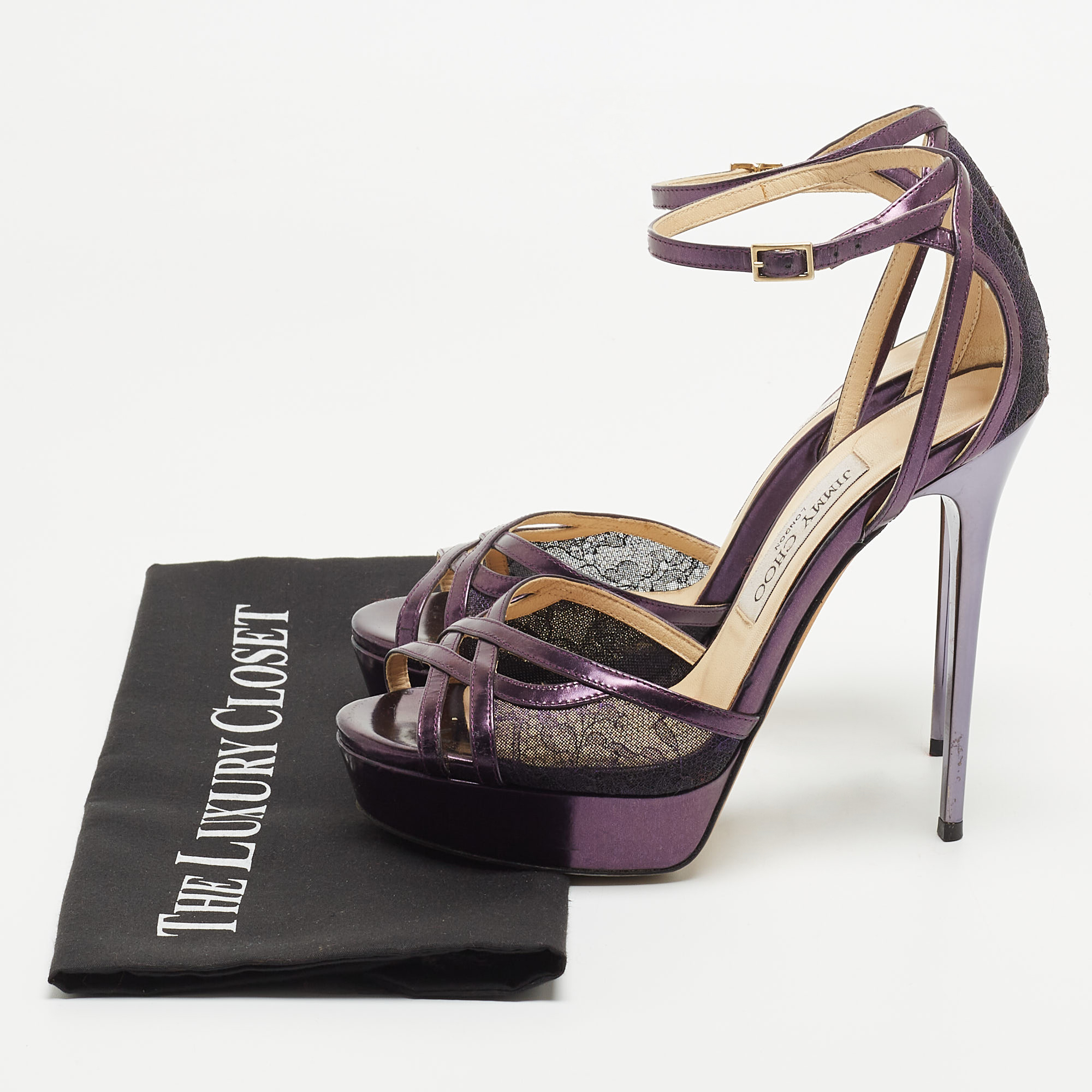 Jimmy Choo Purple Lace And Leather Laurita Sandals Size 37.5