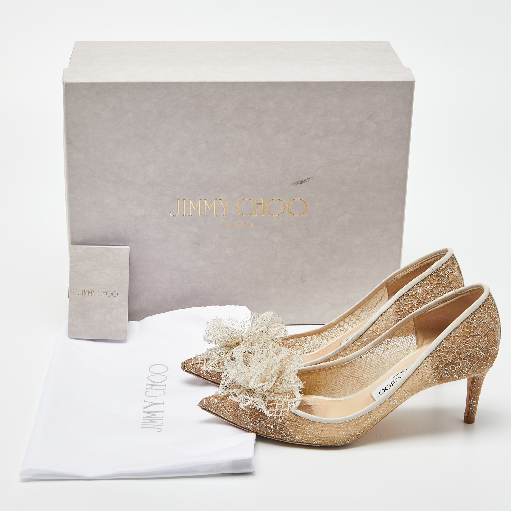 Jimmy Choo Beige Lace And Leather Pointed Toe Pumps Size 36.5