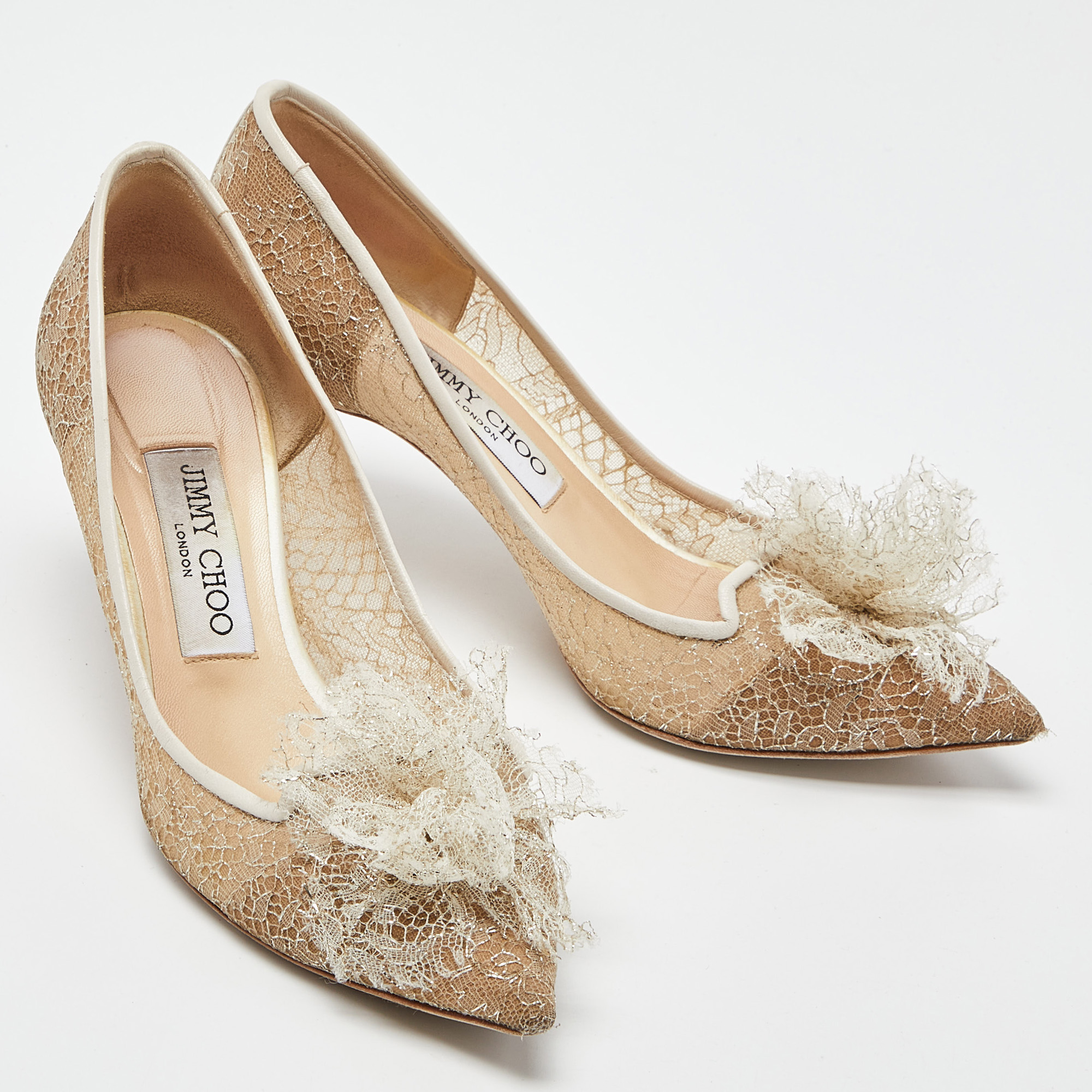 Jimmy Choo Beige Lace And Leather Pointed Toe Pumps Size 36.5