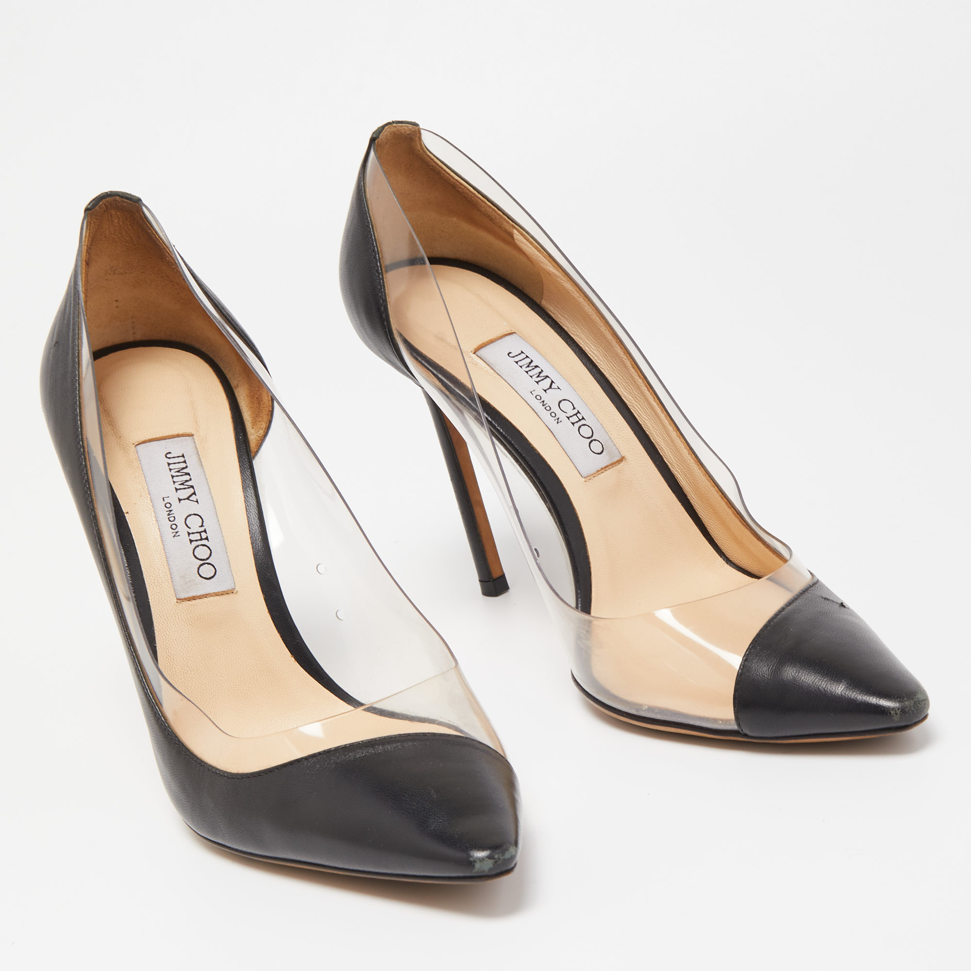 Jimmy Choo Black Leather And PVC Pointed Toe Pumps Size 40