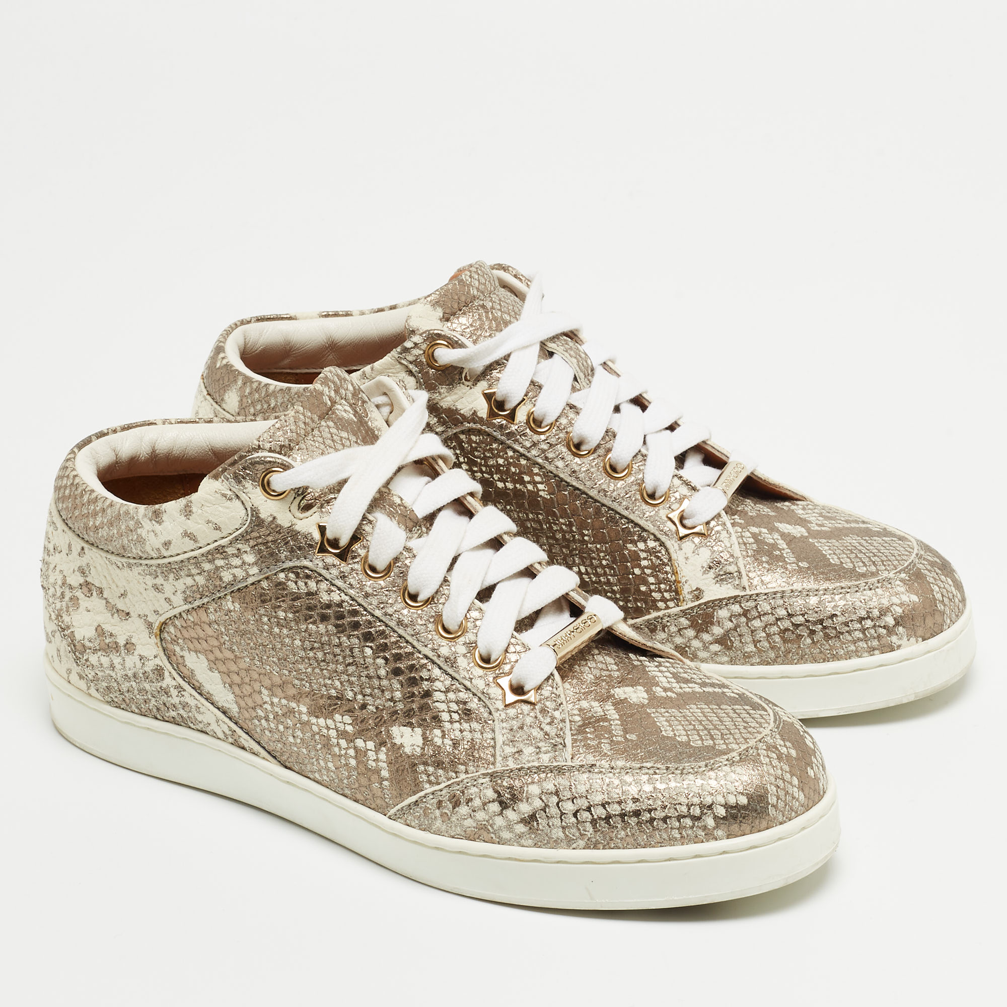 Jimmy Choo Metallic White Python Embossed Leather Low Top Sneakers Size 36