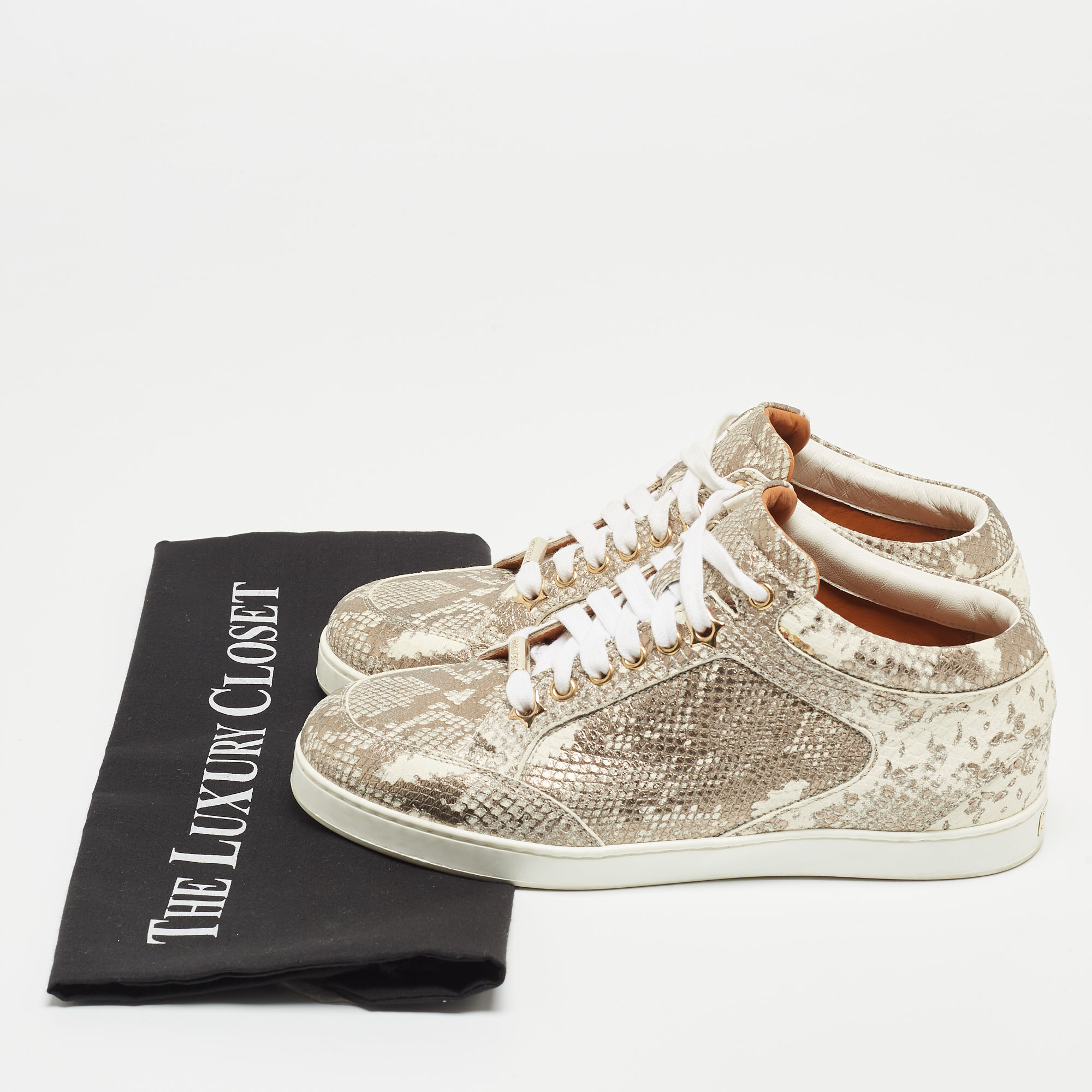 Jimmy Choo Metallic White Python Embossed Leather Low Top Sneakers Size 36