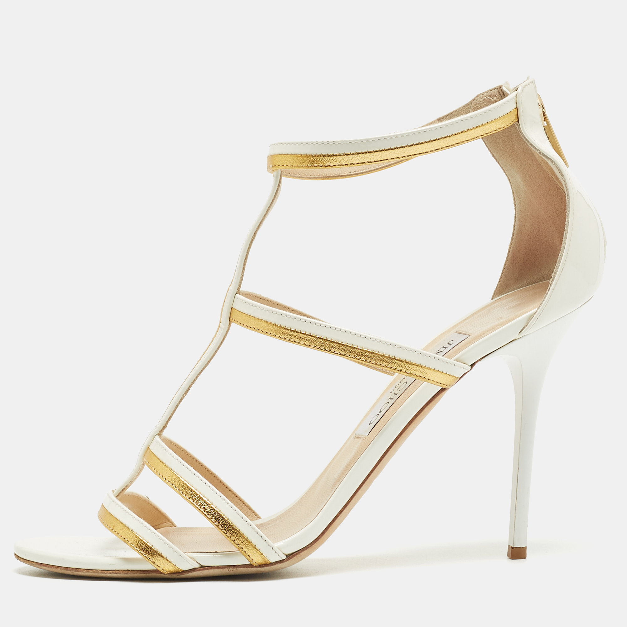 Jimmy Choo White/Gold Patent And Leather Ankle Sandals Size 39.5