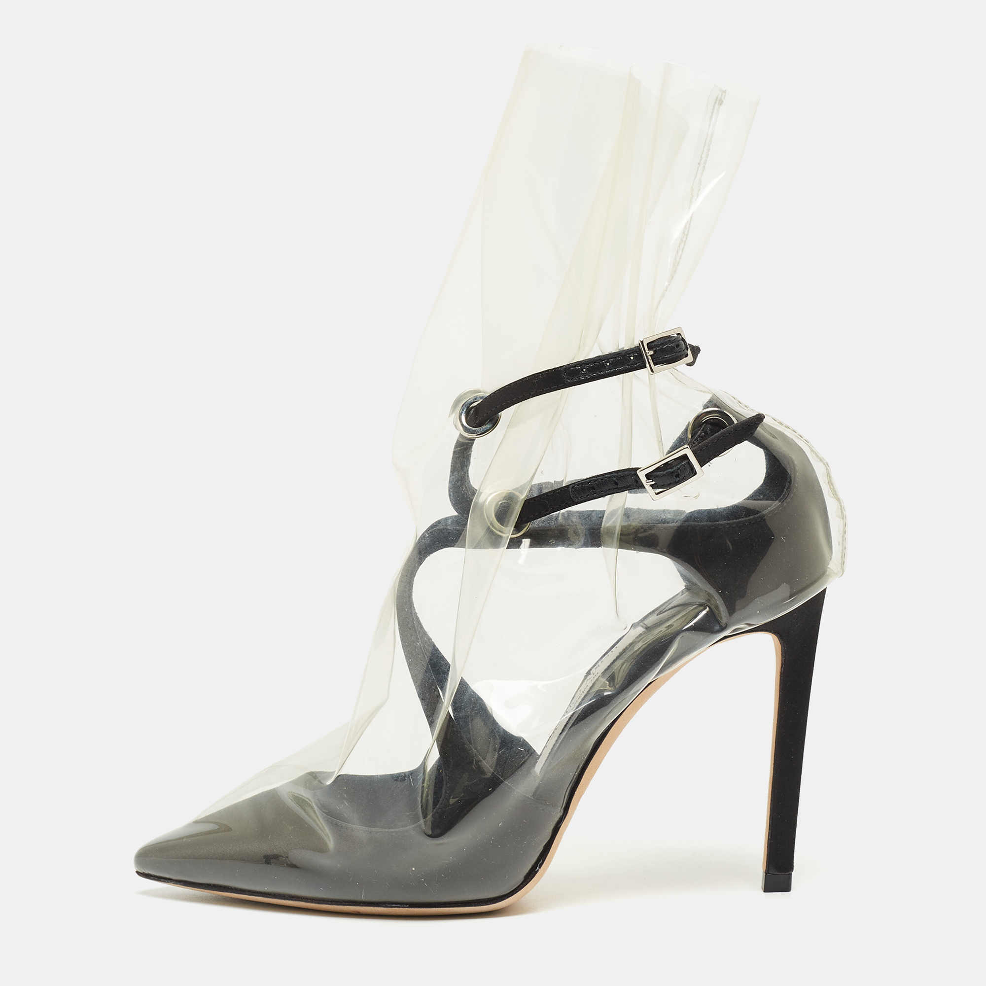 Jimmy choo x off-white black/transparent satin and pvc pointed toe ankle boots size 36