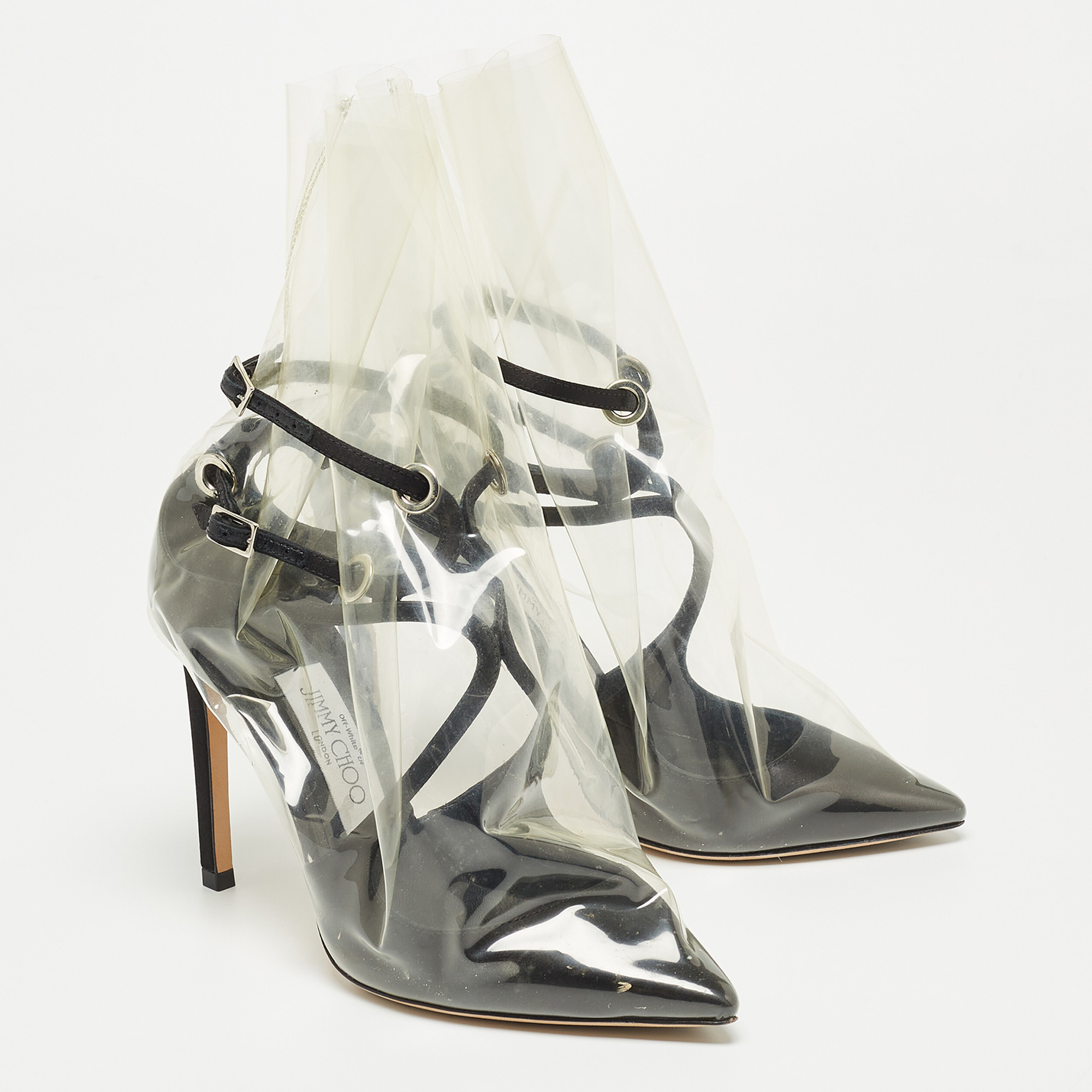 Jimmy Choo X Off-White Black/Transparent Satin And PVC Pointed Toe Ankle Boots Size 36