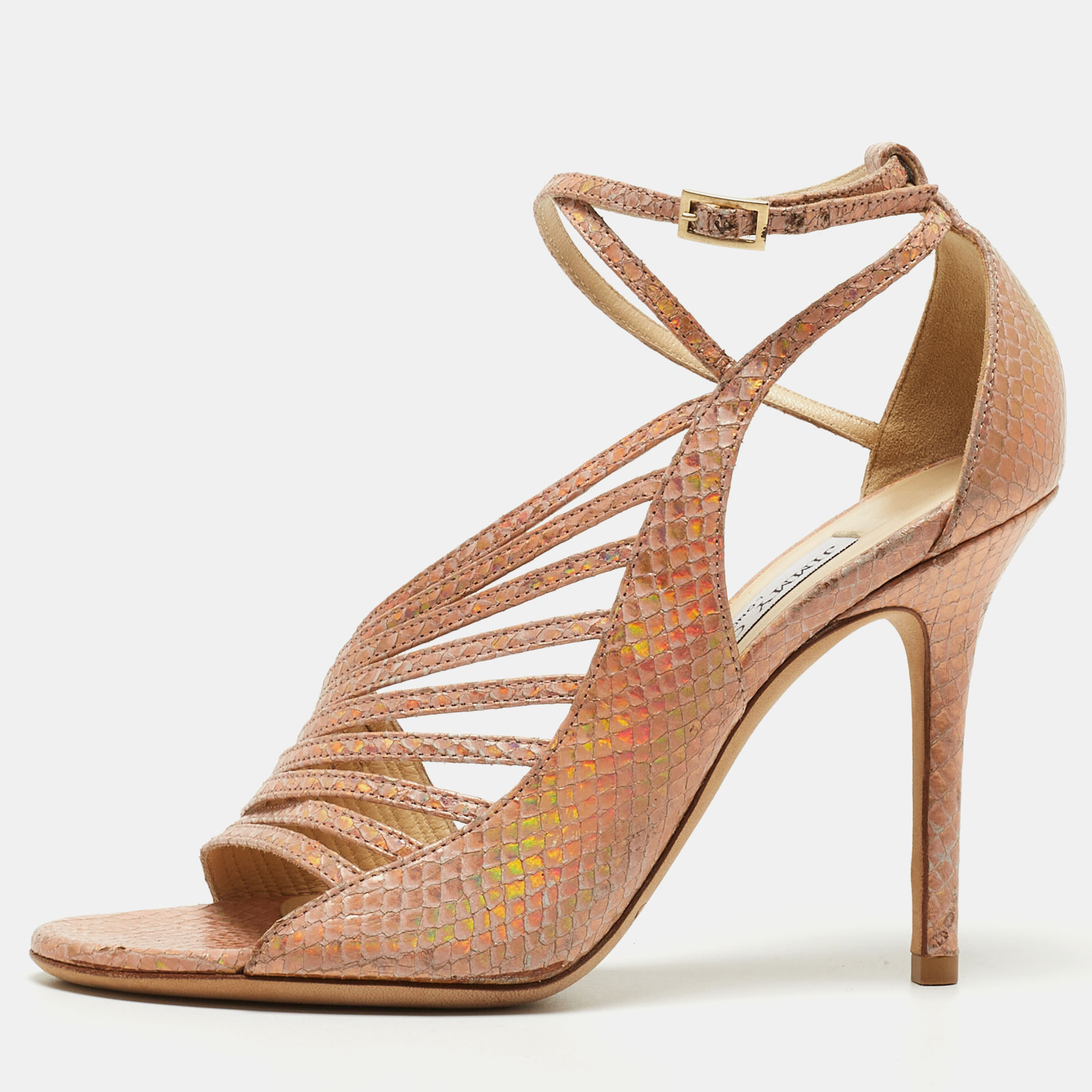 Jimmy Choo Metallic Pink Embossed Leather Strappy Open Toe Ankle Strap Sandals Size 36.5