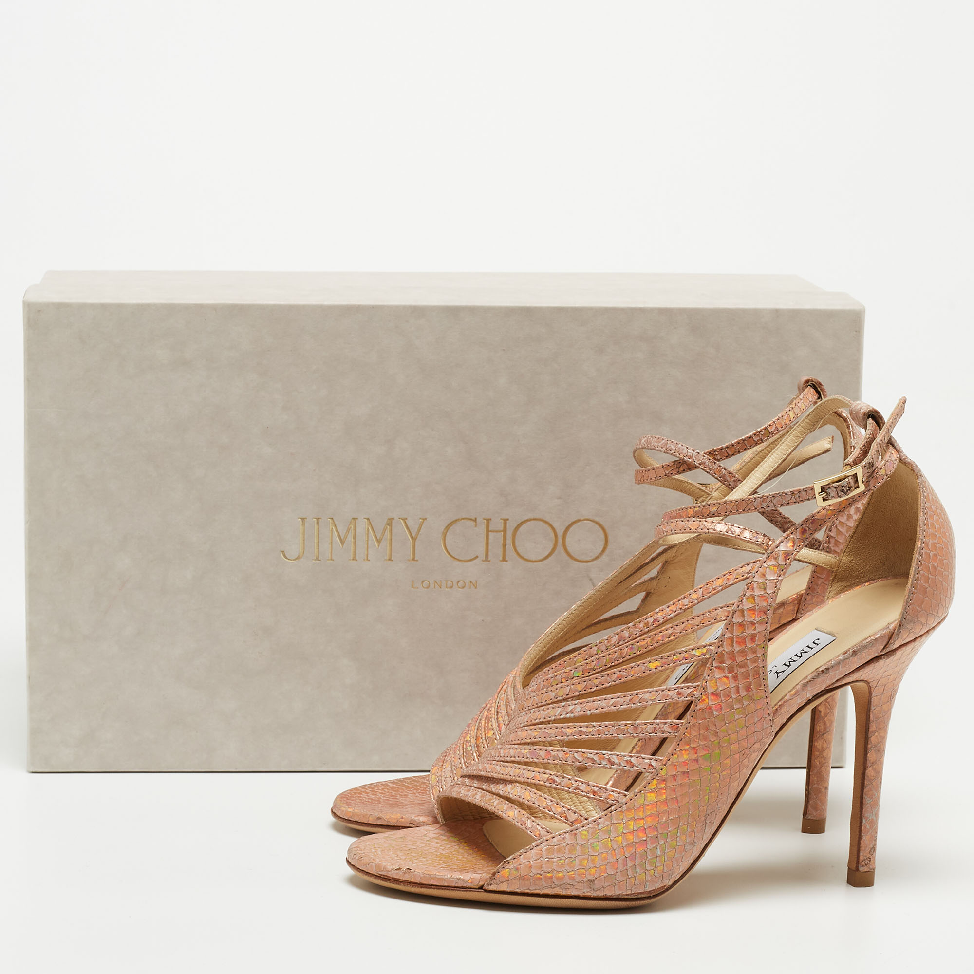 Jimmy Choo Metallic Pink Embossed Leather Strappy Open Toe Ankle Strap Sandals Size 36.5