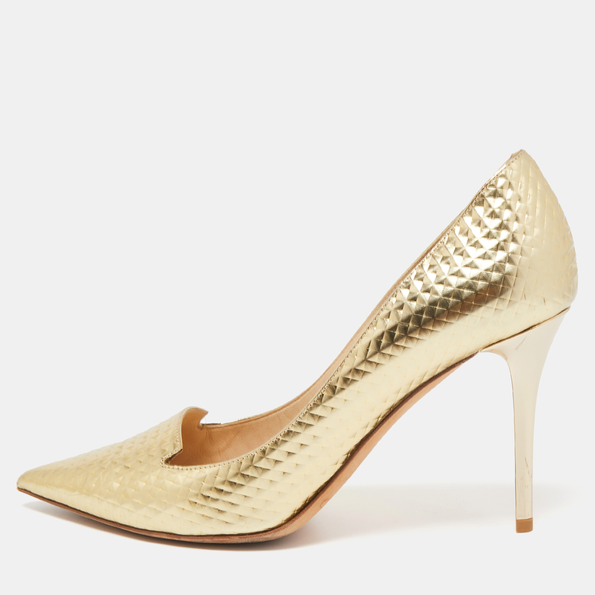 Jimmy Choo Gold Textured Leather Pointed Toe Pumps Size 37