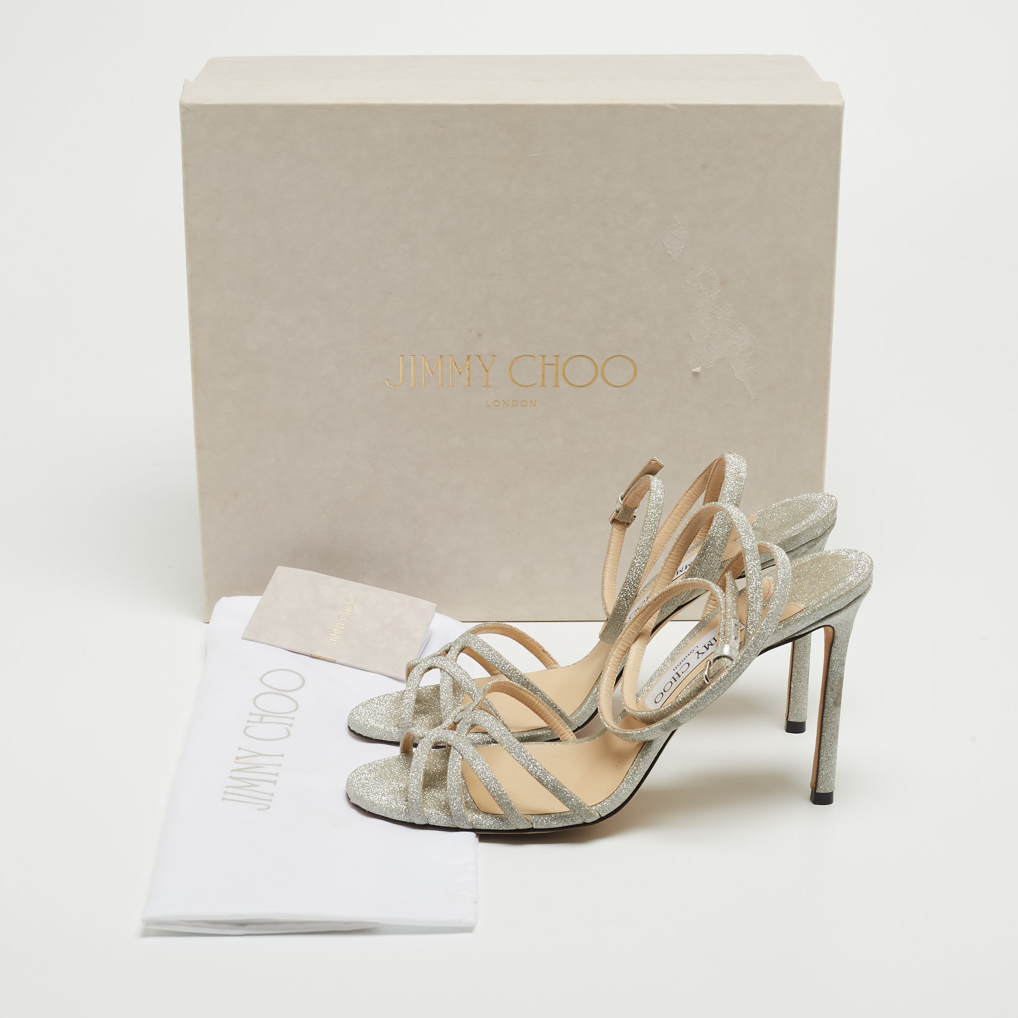 Jimmy Choo Silver Glitter Mime Ankle Wrap Sandals Size 39.5